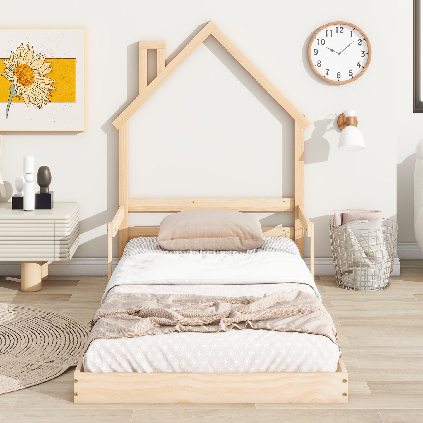 SYNGAR Twin Size Bed Frame with House-Shape Headboard, Wooden Bed Frame Twin with Guardrail for Kis and Adults, Modern Bed Frame Twin Size with 7 Wood Slat,No Box Spring Needed, Gray