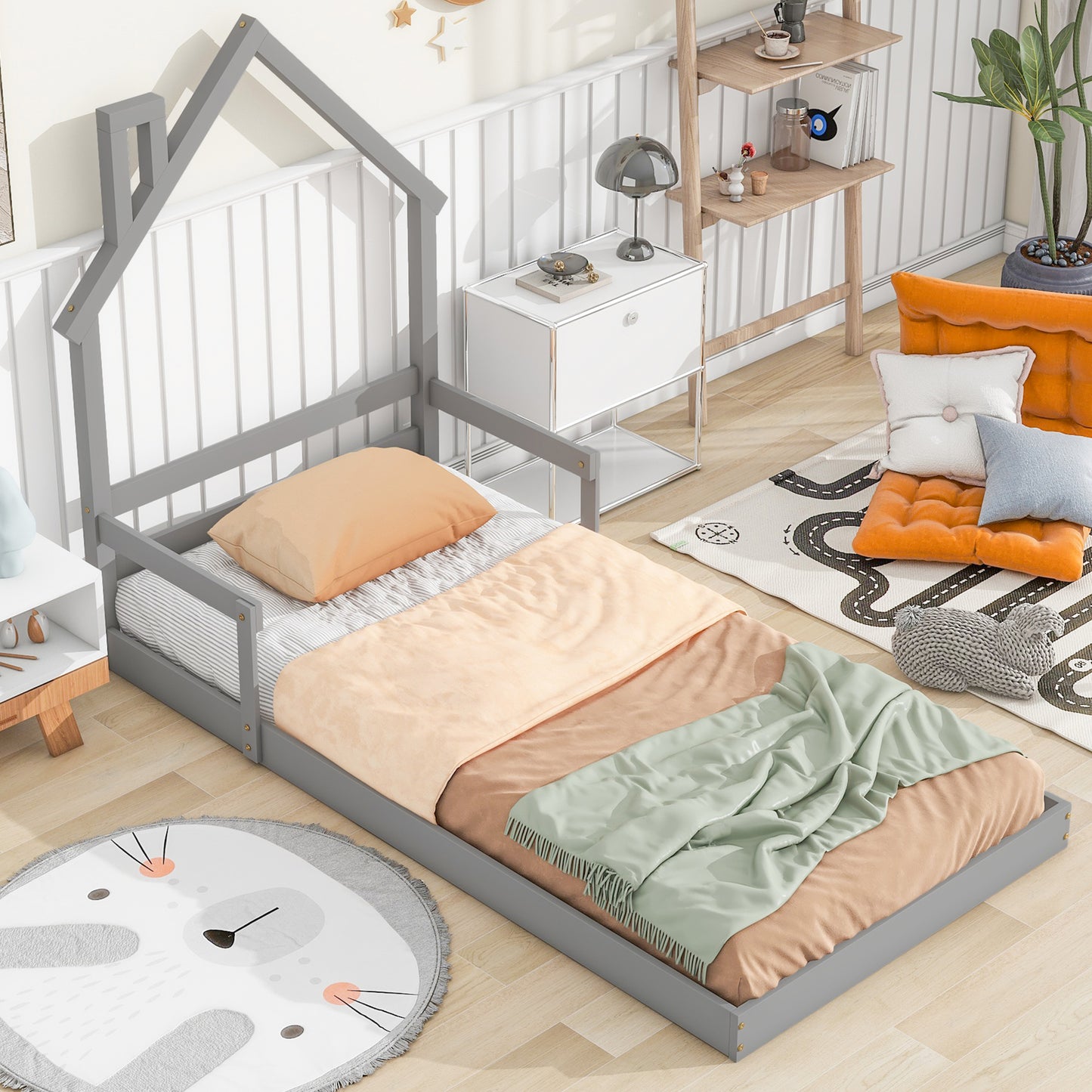 SYNGAR Twin Size Bed Frame with House-Shape Headboard, Wooden Bed Frame Twin with Guardrail for Kis and Adults, Modern Bed Frame Twin Size with 7 Wood Slat,No Box Spring Needed, Gray