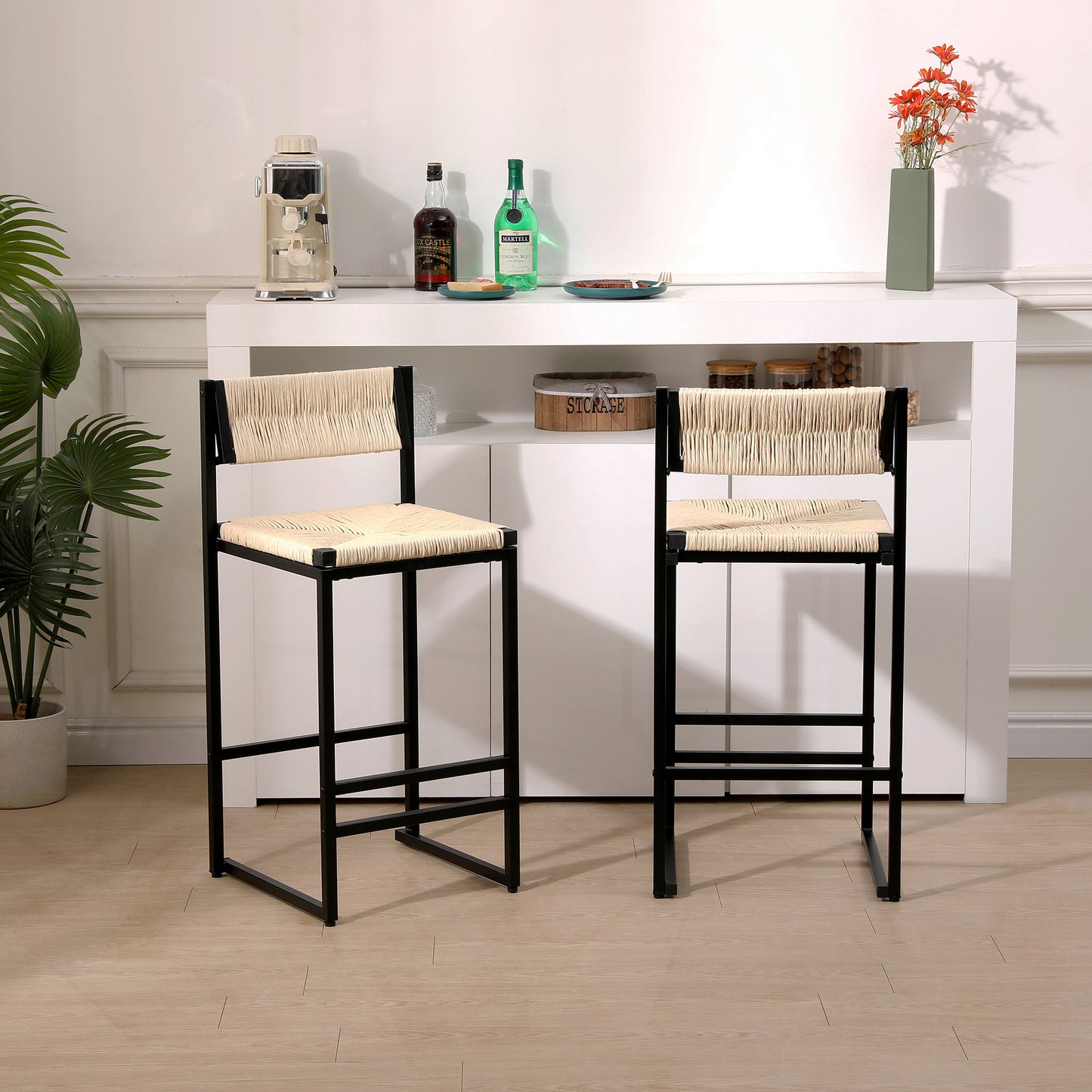 SYNGAR Modern Bar Stools Set of 2, Woven Bar Chair with Metal Legs, Counter Height Bar Stools, Bar Chairs for Kitchen Bars Restaurants, Contemporary Tufted Barstools Set, Creamy White