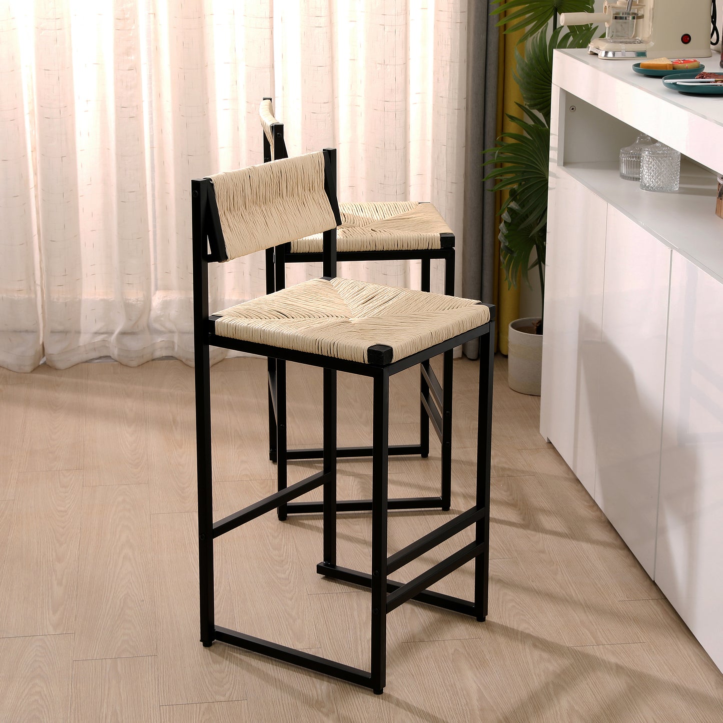 SYNGAR Modern Bar Stools Set of 2, Woven Bar Chair with Metal Legs, Counter Height Bar Stools, Bar Chairs for Kitchen Bars Restaurants, Contemporary Tufted Barstools Set, Creamy White
