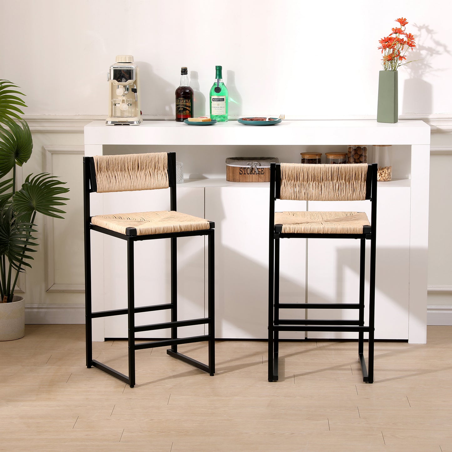 SYNGAR Modern Bar Stools Set of 2, Woven Bar Chair with Metal Legs, Counter Height Bar Stools, Bar Chairs for Kitchen Bars Restaurants, Contemporary Tufted Barstools Set, Creamy White