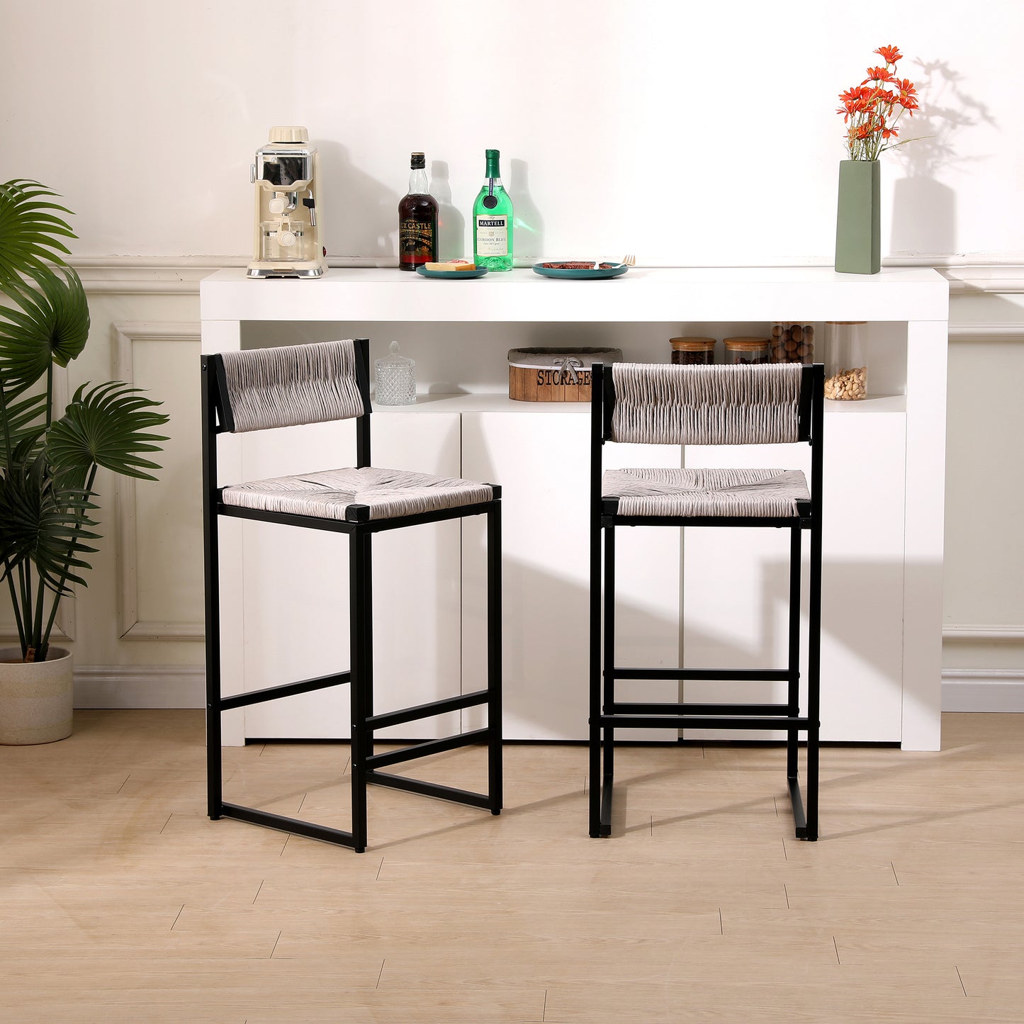 SYNGAR Modern Bar Stools Set of 2, Woven Bar Chair with Metal Legs, Counter Height Bar Stools, Bar Chairs for Kitchen Bars Restaurants, Contemporary Tufted Barstools Set, Creamy White