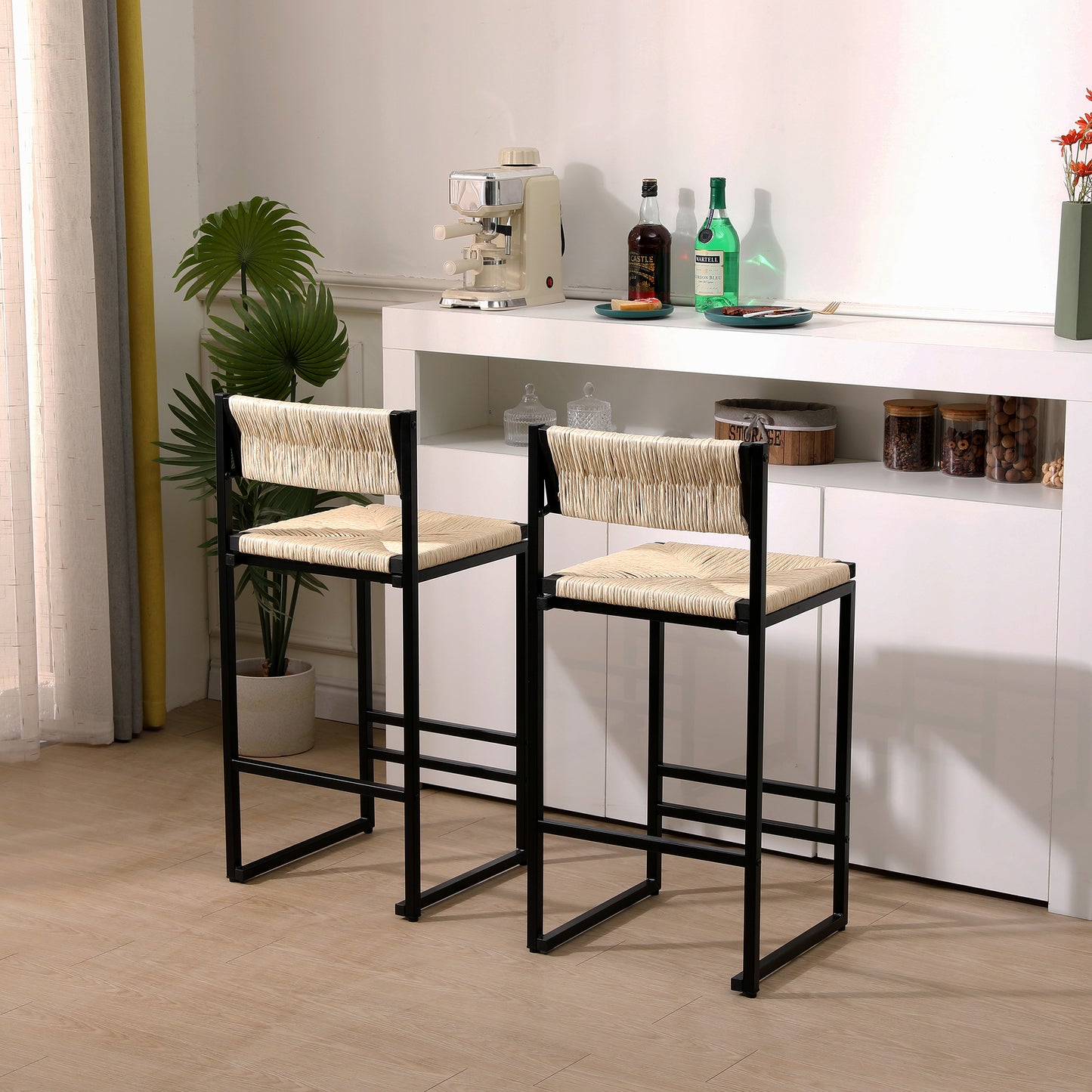 SYNGAR Modern Bar Stools Set of 2, Woven Bar Chair with Metal Legs, Counter Height Bar Stools, Bar Chairs for Kitchen Bars Restaurants, Contemporary Tufted Barstools Set, Creamy White