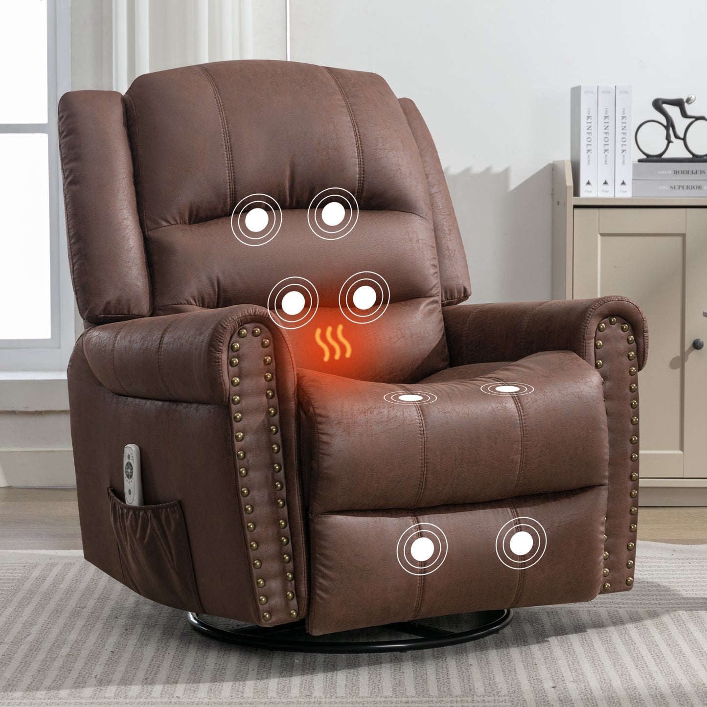 SYNGAR Swivel Rocker Recliner Chair for Living Room, Manual Reclining Chair Oversized with Heat and Massage Function, USB, Soft Fabric Rocking Sofa Glider Chair for Bedroom Home Theater, Gray