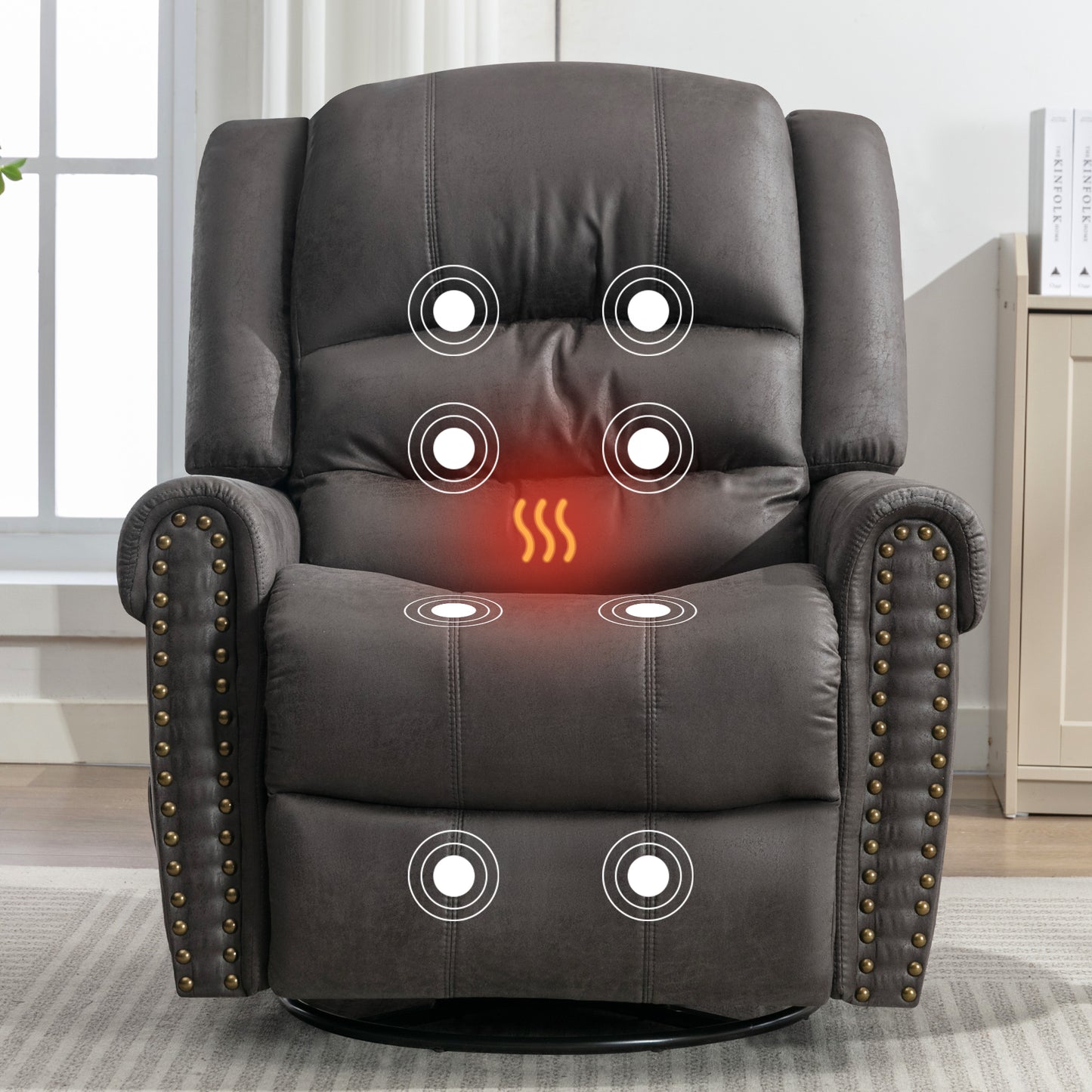 SYNGAR Swivel Rocker Recliner Chair for Living Room, Manual Reclining Chair Oversized with Heat and Massage Function, USB, Soft Fabric Rocking Sofa Glider Chair for Bedroom Home Theater, Gray