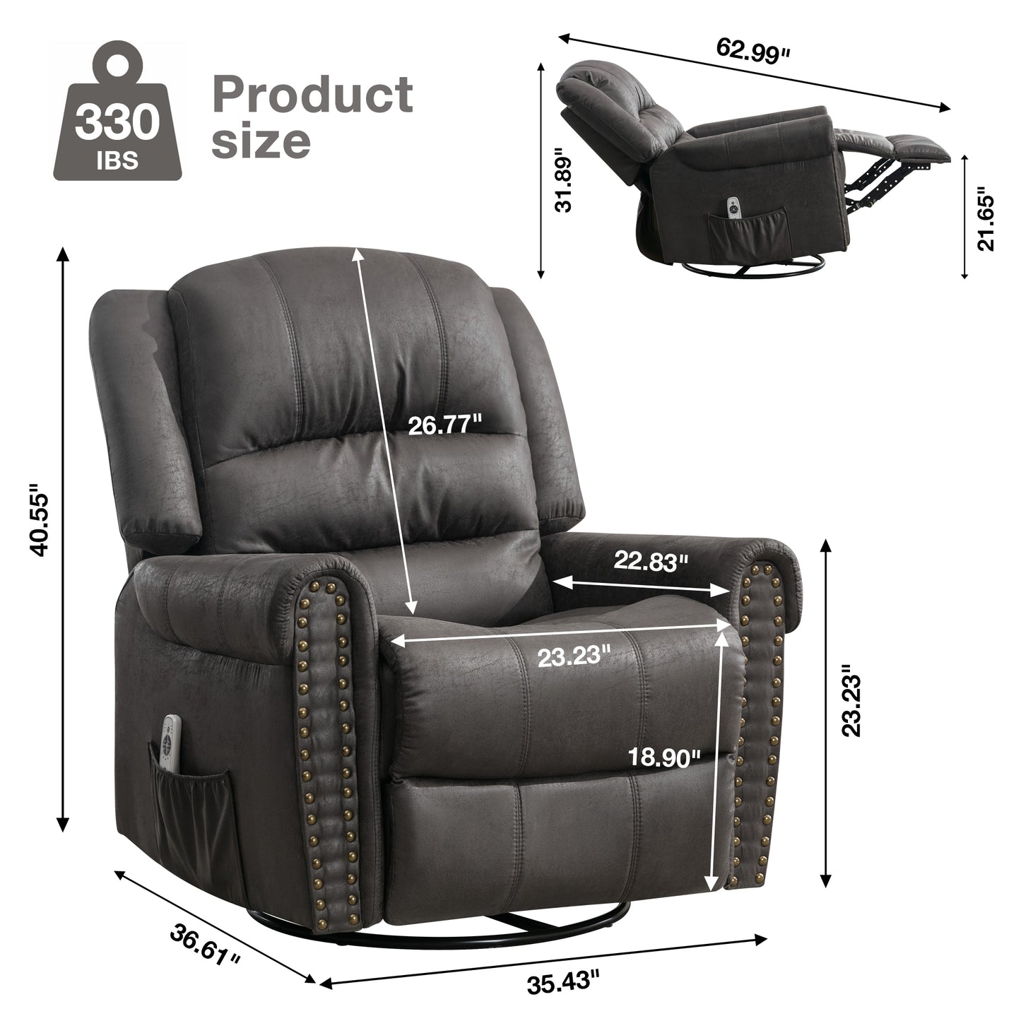 SYNGAR Swivel Rocker Recliner Chair for Living Room, Manual Reclining Chair Oversized with Heat and Massage Function, USB, Soft Fabric Rocking Sofa Glider Chair for Bedroom Home Theater, Gray