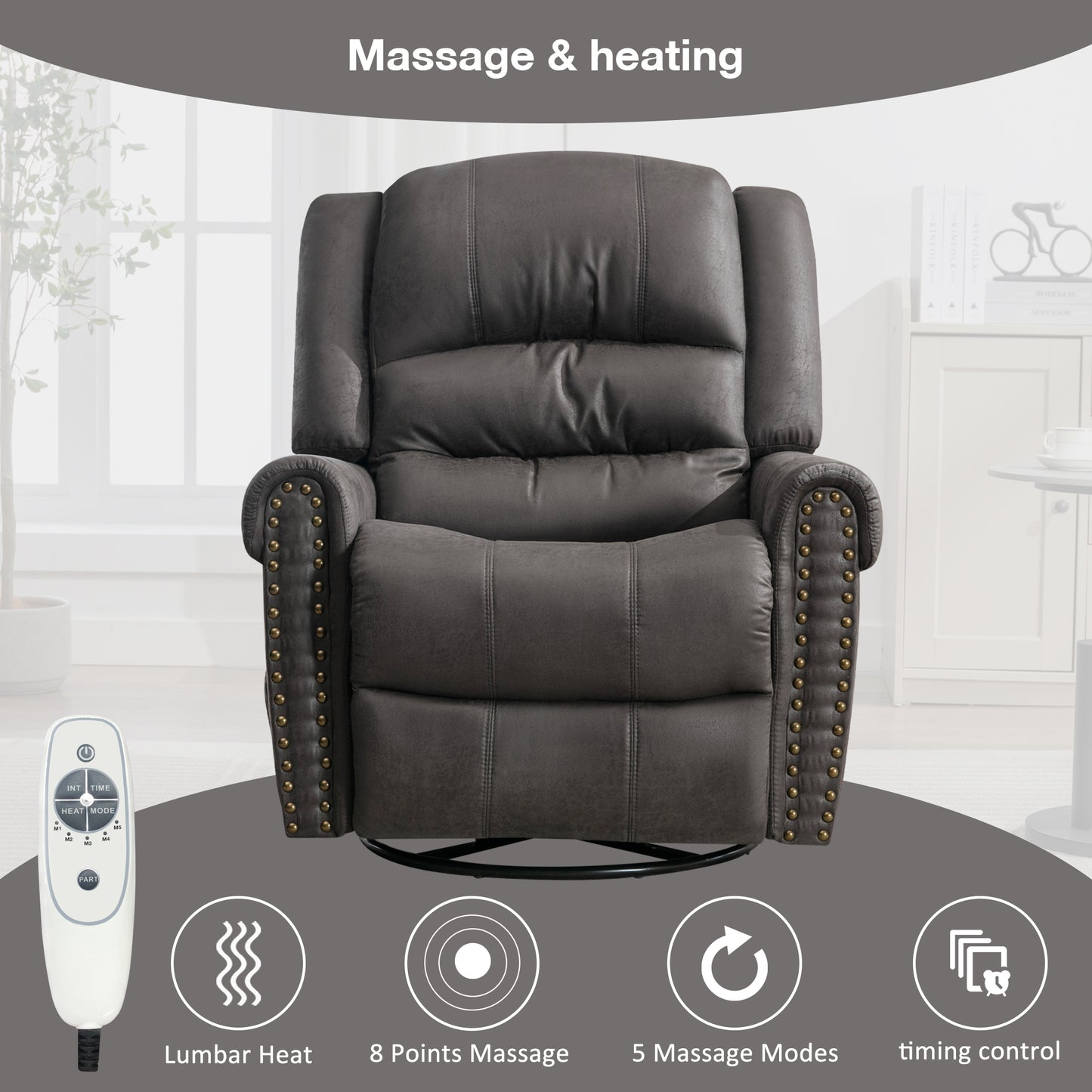 SYNGAR Swivel Rocker Recliner Chair for Living Room, Manual Reclining Chair Oversized with Heat and Massage Function, USB, Soft Fabric Rocking Sofa Glider Chair for Bedroom Home Theater, Gray