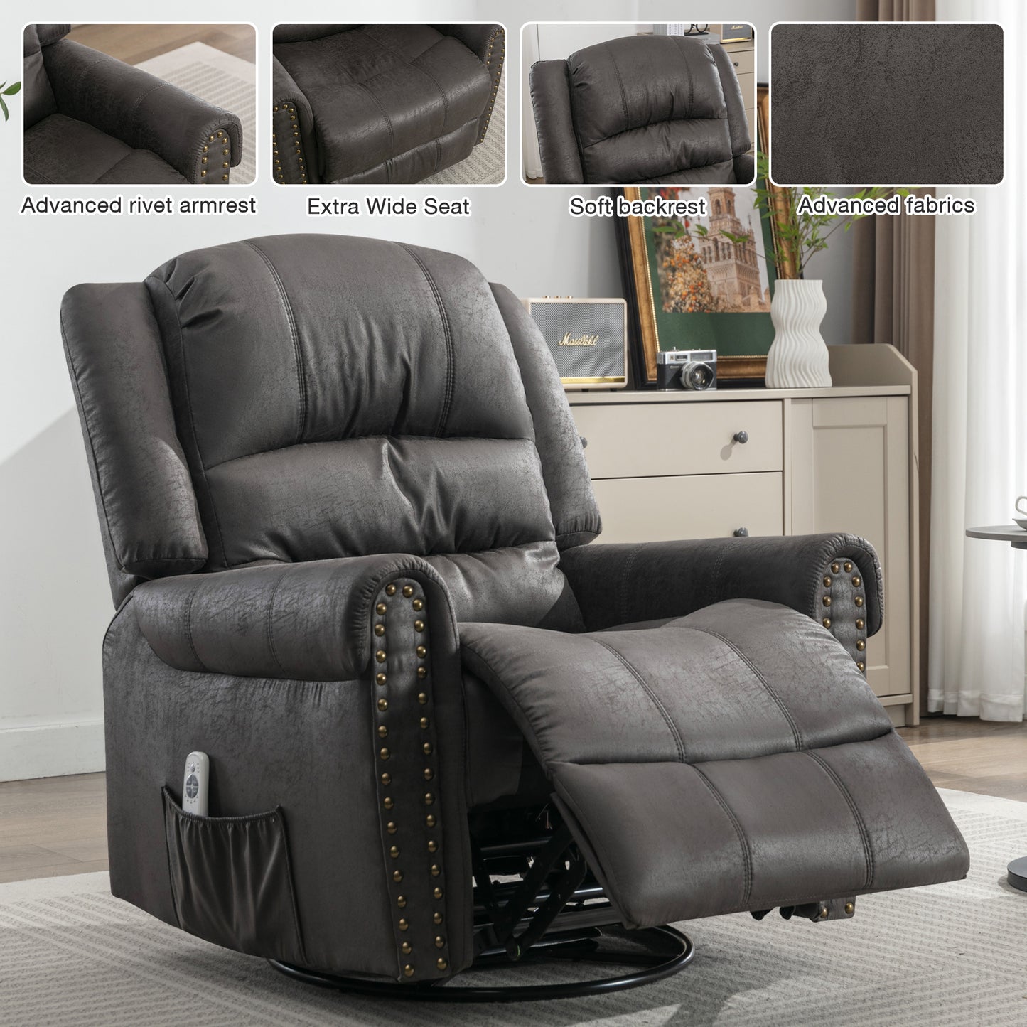 SYNGAR Swivel Rocker Recliner Chair for Living Room, Manual Reclining Chair Oversized with Heat and Massage Function, USB, Soft Fabric Rocking Sofa Glider Chair for Bedroom Home Theater, Gray