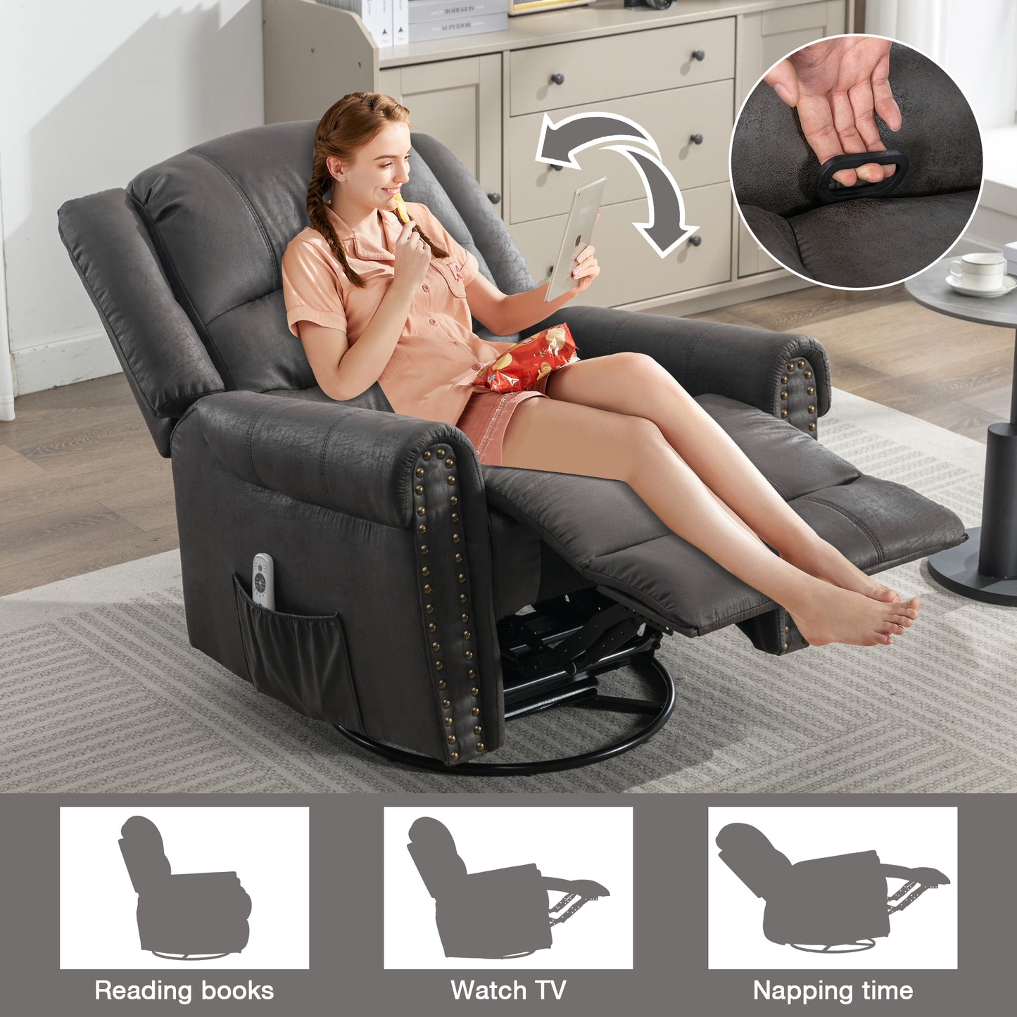 SYNGAR Swivel Rocker Recliner Chair for Living Room, Manual Reclining Chair Oversized with Heat and Massage Function, USB, Soft Fabric Rocking Sofa Glider Chair for Bedroom Home Theater, Gray