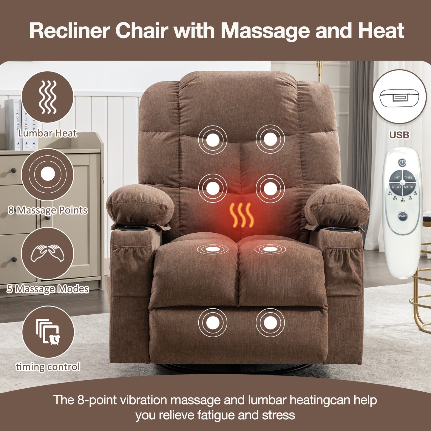 SYNGAR Swivel Recliner Chair for Adults, Living Room Fabric Recliner Chair with Massage and Heat, Single sofa with USB Port, Cup Holder, Side and Front Pocket, Brown