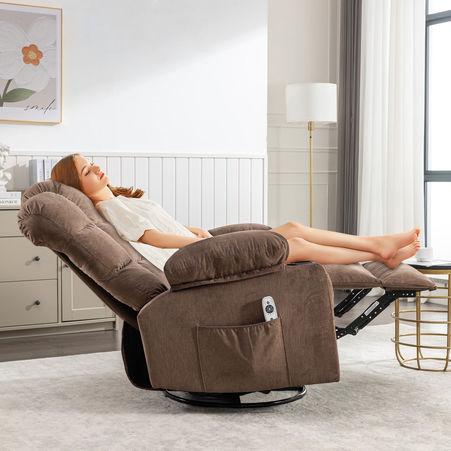 SYNGAR Swivel Recliner Chair for Adults, Living Room Fabric Recliner Chair with Massage and Heat, Single sofa with USB Port, Cup Holder, Side and Front Pocket, Brown
