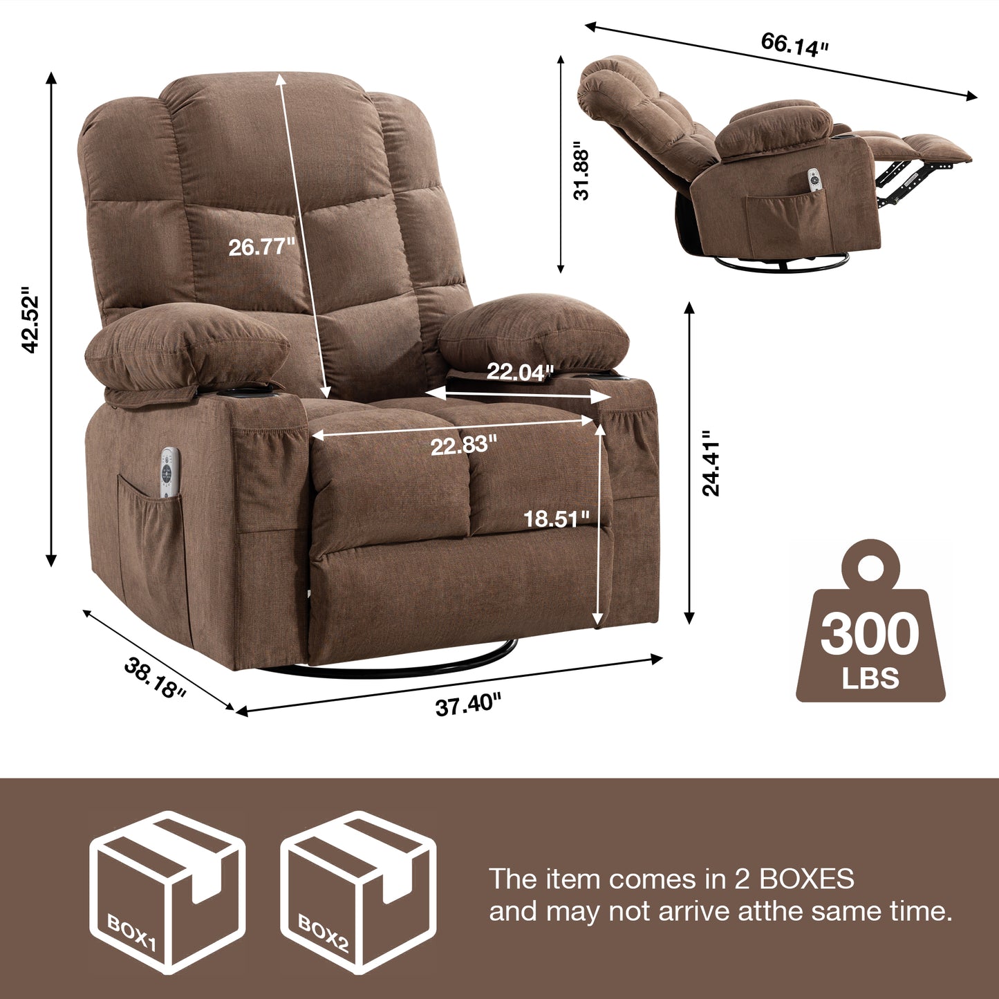 SYNGAR Swivel Recliner Chair for Adults, Living Room Fabric Recliner Chair with Massage and Heat, Single sofa with USB Port, Cup Holder, Side and Front Pocket, Brown