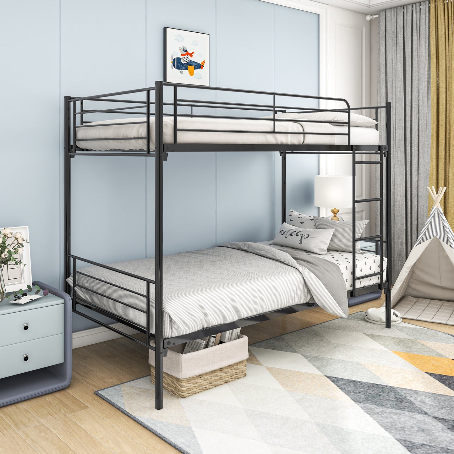 SYNGAR Twin Over Twin Steel Bunk Beds Frame with Ladder for Bedroom Dorm, Twin Bunk Beds for Kids Adult Children, Industrial Bunkbed No Box Spring Required, Black