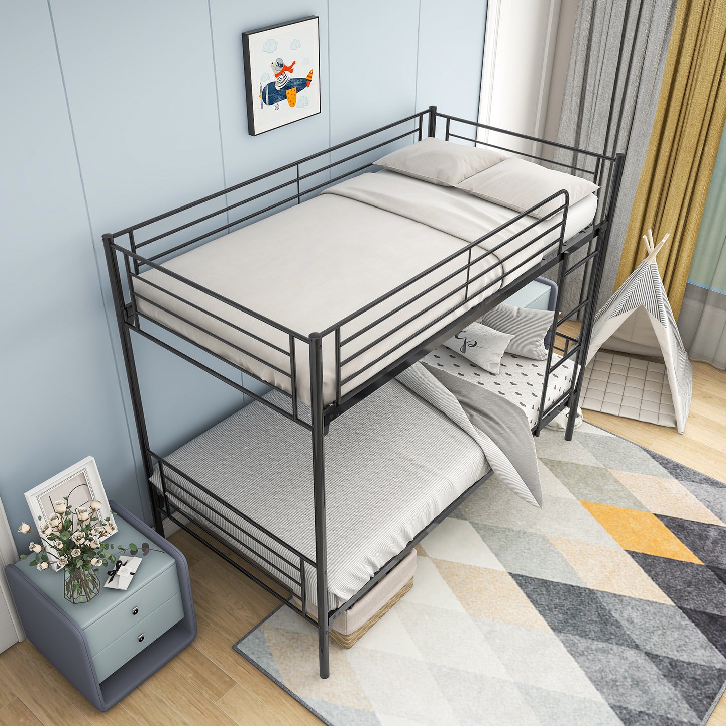 SYNGAR Twin Over Twin Steel Bunk Beds Frame with Ladder for Bedroom Dorm, Twin Bunk Beds for Kids Adult Children, Industrial Bunkbed No Box Spring Required, Black