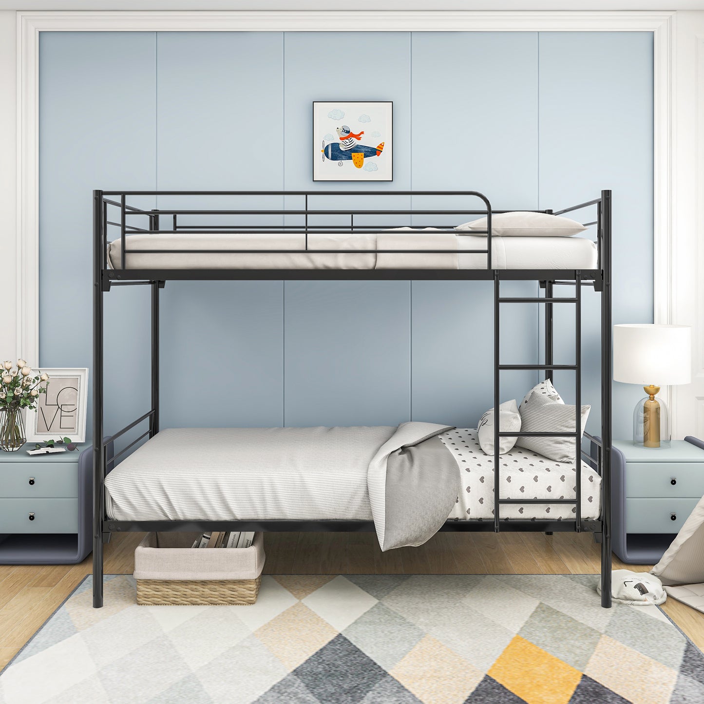 SYNGAR Twin Over Twin Steel Bunk Beds Frame with Ladder for Bedroom Dorm, Twin Bunk Beds for Kids Adult Children, Industrial Bunkbed No Box Spring Required, Black
