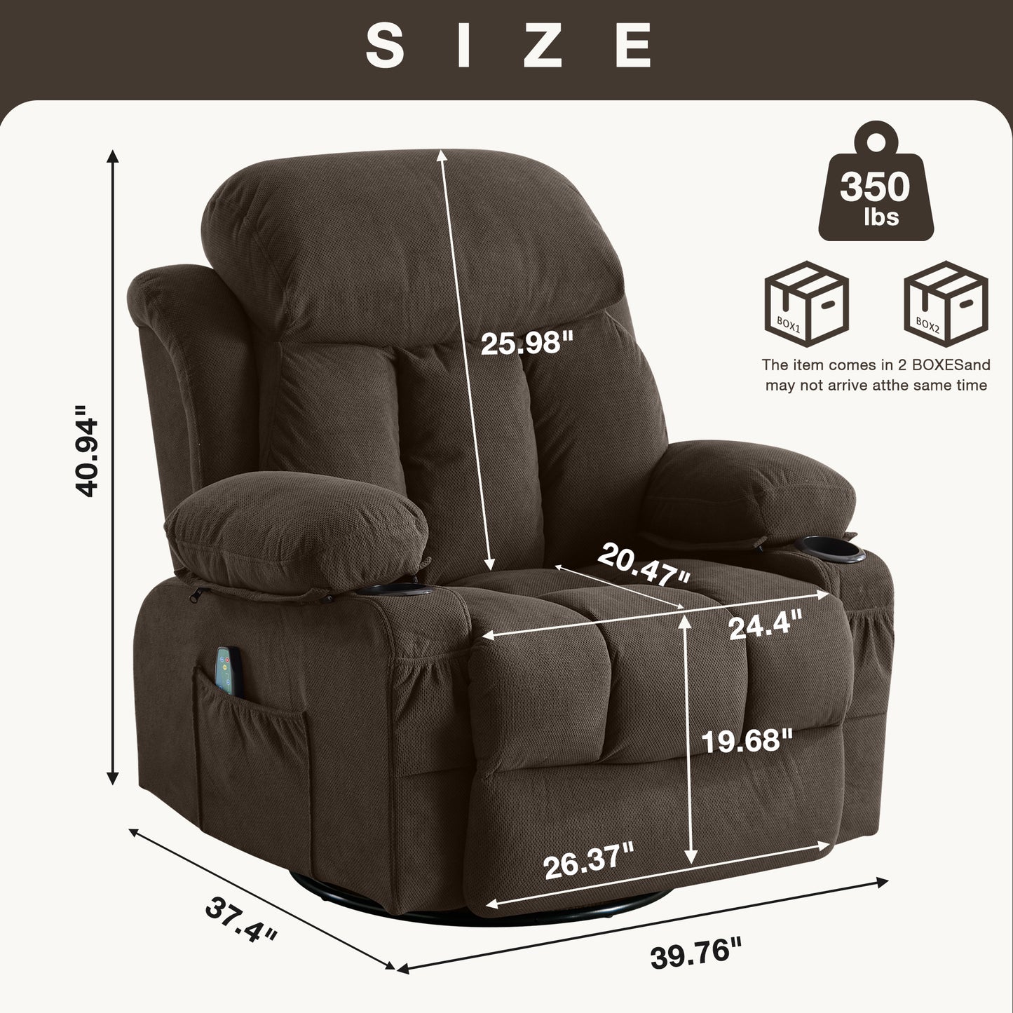 SYNGAR Oversized Recliner Chair, 360° Swivel Rocker Reclining Chair with Massage and Heat Function, USB, Cup Holders and Side Pockets, Living Room Single Sofa Seat Nursery Lounge Chair, Brown