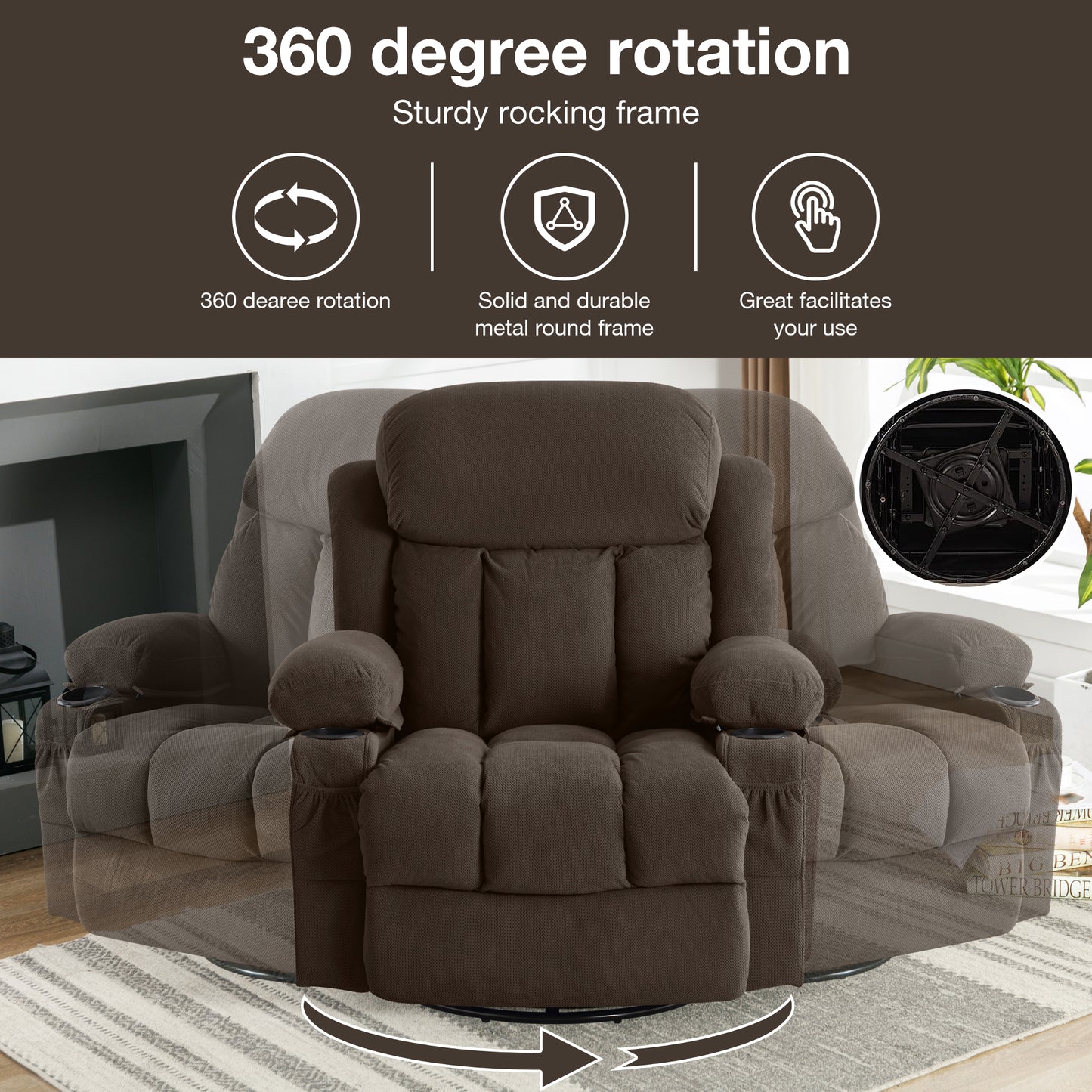 SYNGAR Oversized Recliner Chair, 360° Swivel Rocker Reclining Chair with Massage and Heat Function, USB, Cup Holders and Side Pockets, Living Room Single Sofa Seat Nursery Lounge Chair, Brown