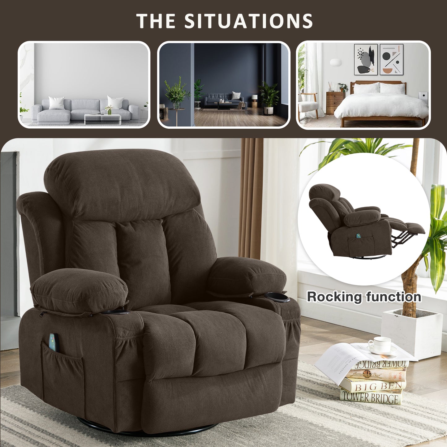 SYNGAR Oversized Recliner Chair, 360° Swivel Rocker Reclining Chair with Massage and Heat Function, USB, Cup Holders and Side Pockets, Living Room Single Sofa Seat Nursery Lounge Chair, Brown