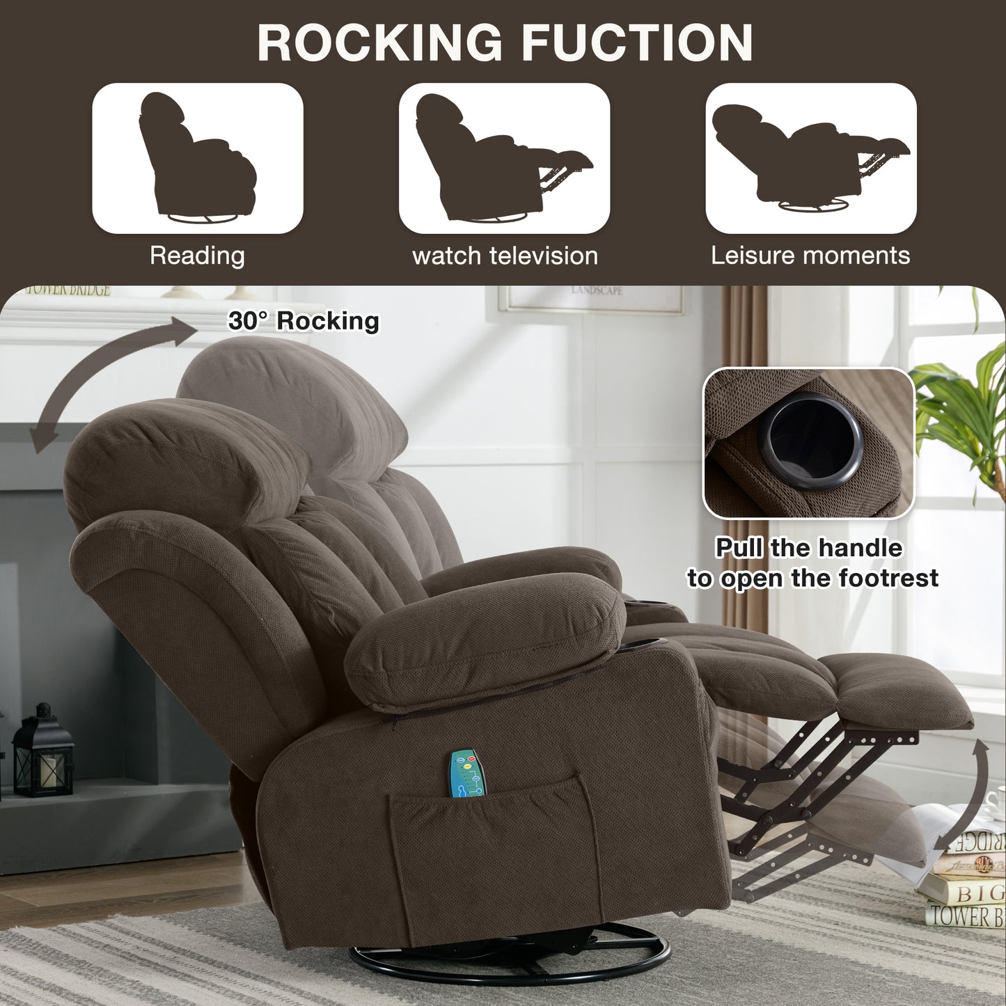 SYNGAR Oversized Recliner Chair, 360° Swivel Rocker Reclining Chair with Massage and Heat Function, USB, Cup Holders and Side Pockets, Living Room Single Sofa Seat Nursery Lounge Chair, Brown