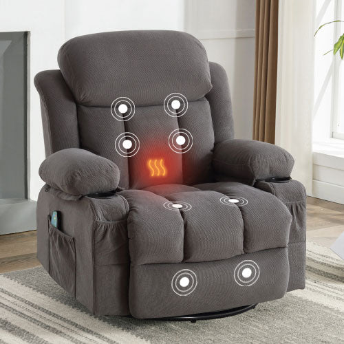 SYNGAR Oversized Recliner Chair, 360° Swivel Rocker Reclining Chair with Massage and Heat Function, USB, Cup Holders and Side Pockets, Living Room Single Sofa Seat Nursery Lounge Chair, Brown