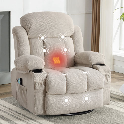 SYNGAR Oversized Recliner Chair, 360° Swivel Rocker Reclining Chair with Massage and Heat Function, USB, Cup Holders and Side Pockets, Living Room Single Sofa Seat Nursery Lounge Chair, Brown