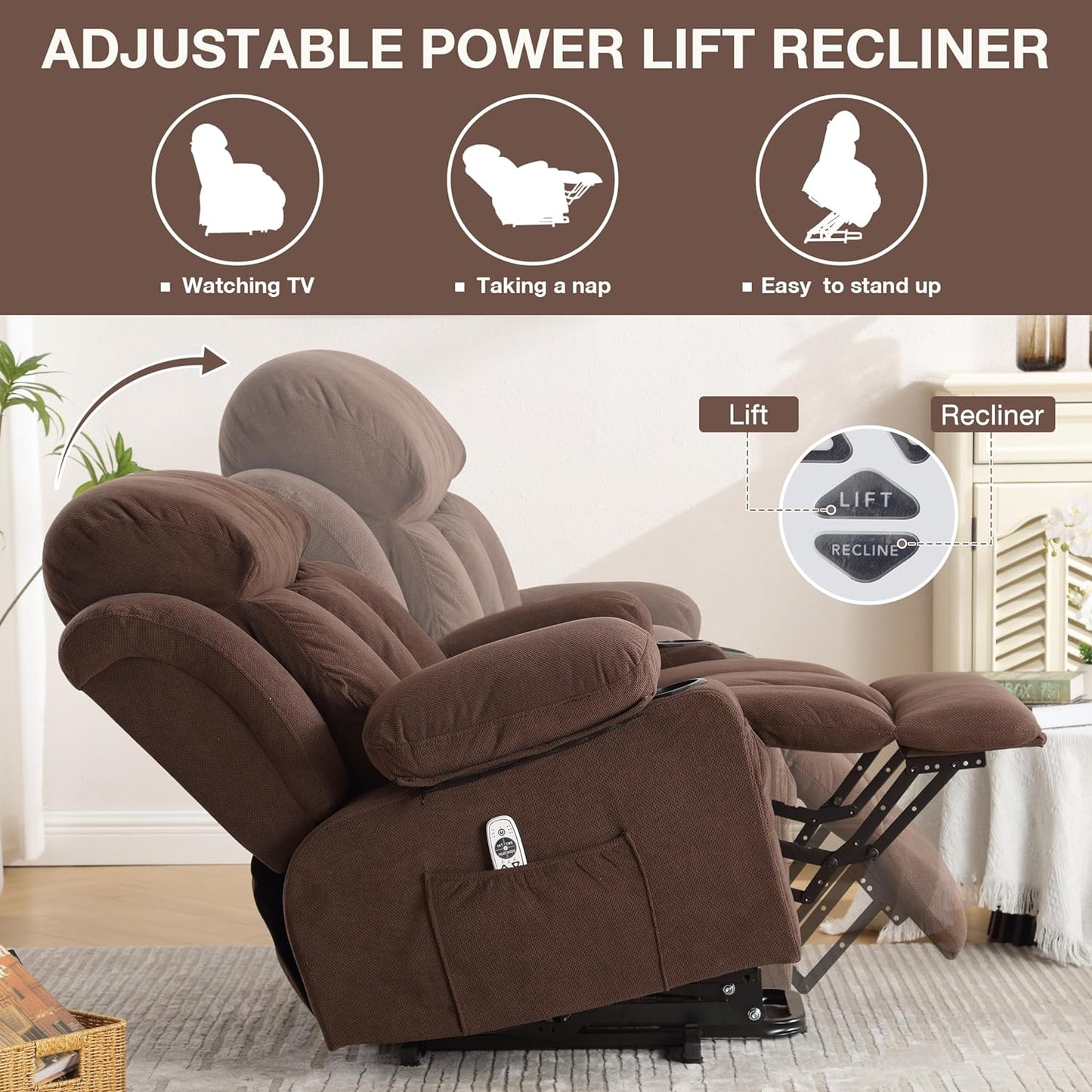 SYNGAR Power Lift Recliner Chair for Living Room, Electric Recliner Chair with Heat and Massage Function, USB Charge Port and Cup Holders, Oversized Velvet Reclining Sofa for Home Theater, Gray