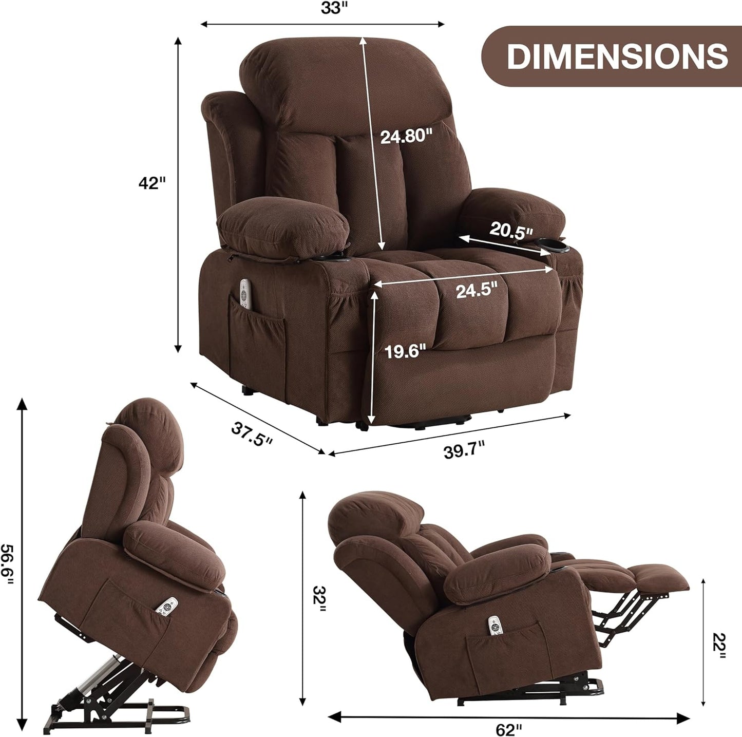 SYNGAR Power Lift Recliner Chair for Living Room, Electric Recliner Chair with Heat and Massage Function, USB Charge Port and Cup Holders, Oversized Velvet Reclining Sofa for Home Theater, Gray
