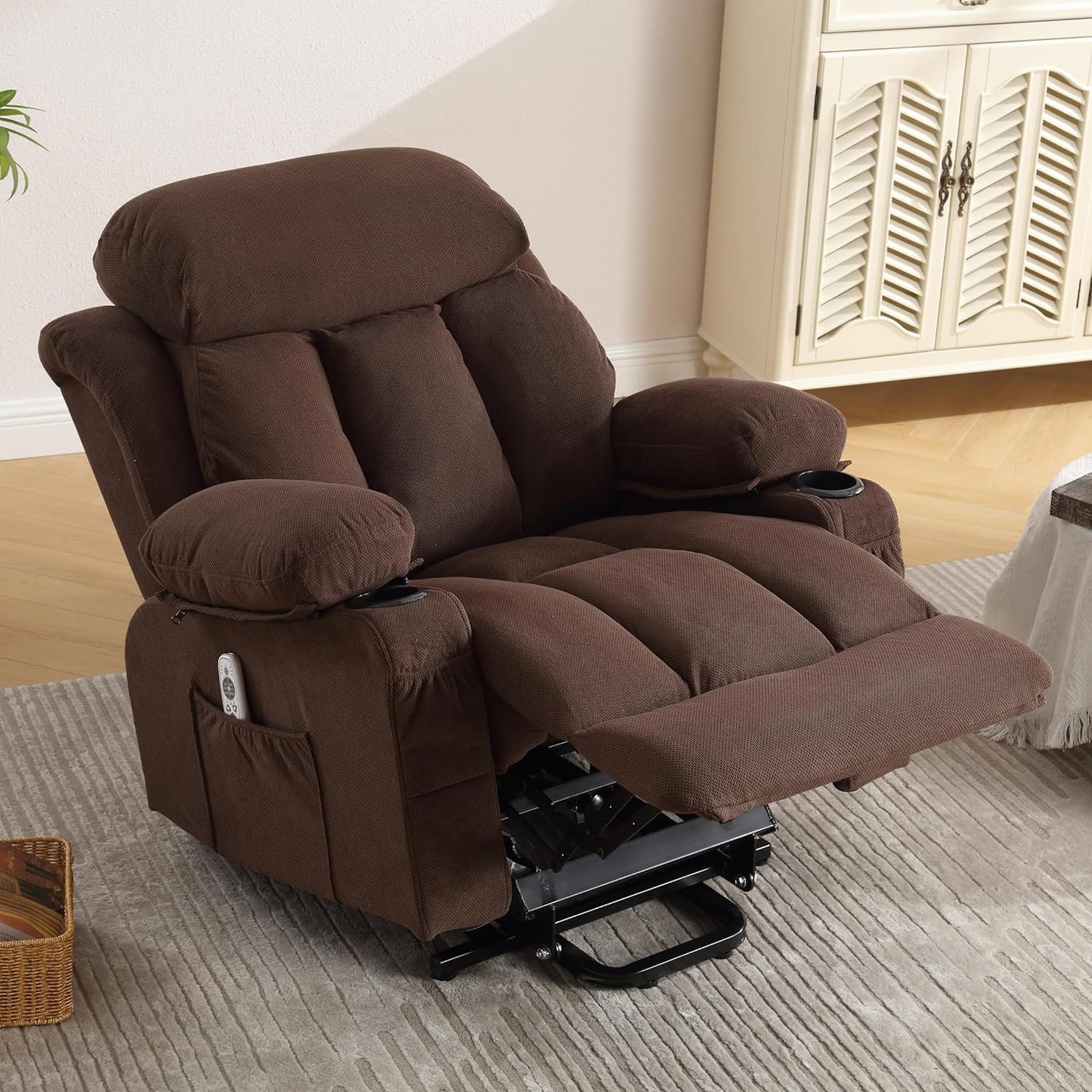 SYNGAR Power Lift Recliner Chair for Living Room, Electric Recliner Chair with Heat and Massage Function, USB Charge Port and Cup Holders, Oversized Velvet Reclining Sofa for Home Theater, Gray