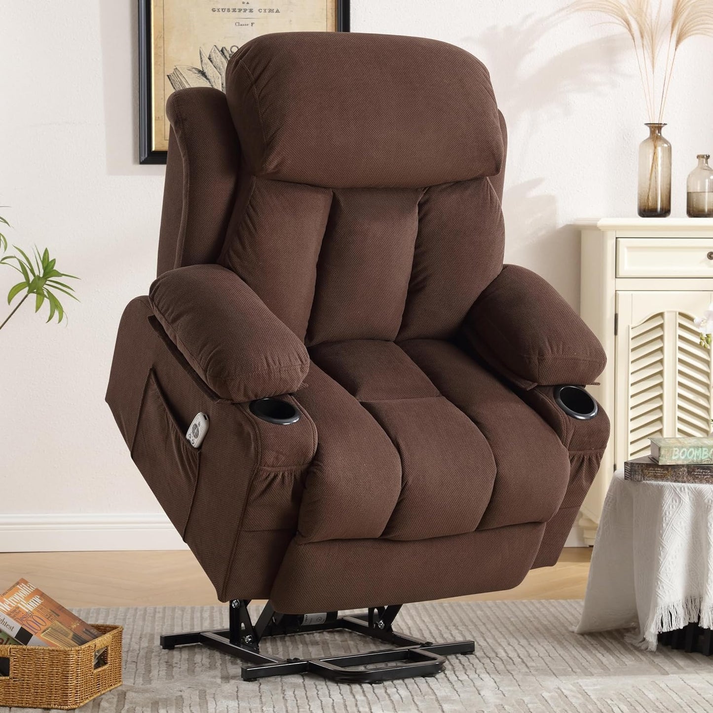 SYNGAR Power Lift Recliner Chair for Living Room, Electric Recliner Chair with Heat and Massage Function, USB Charge Port and Cup Holders, Oversized Velvet Reclining Sofa for Home Theater, Gray