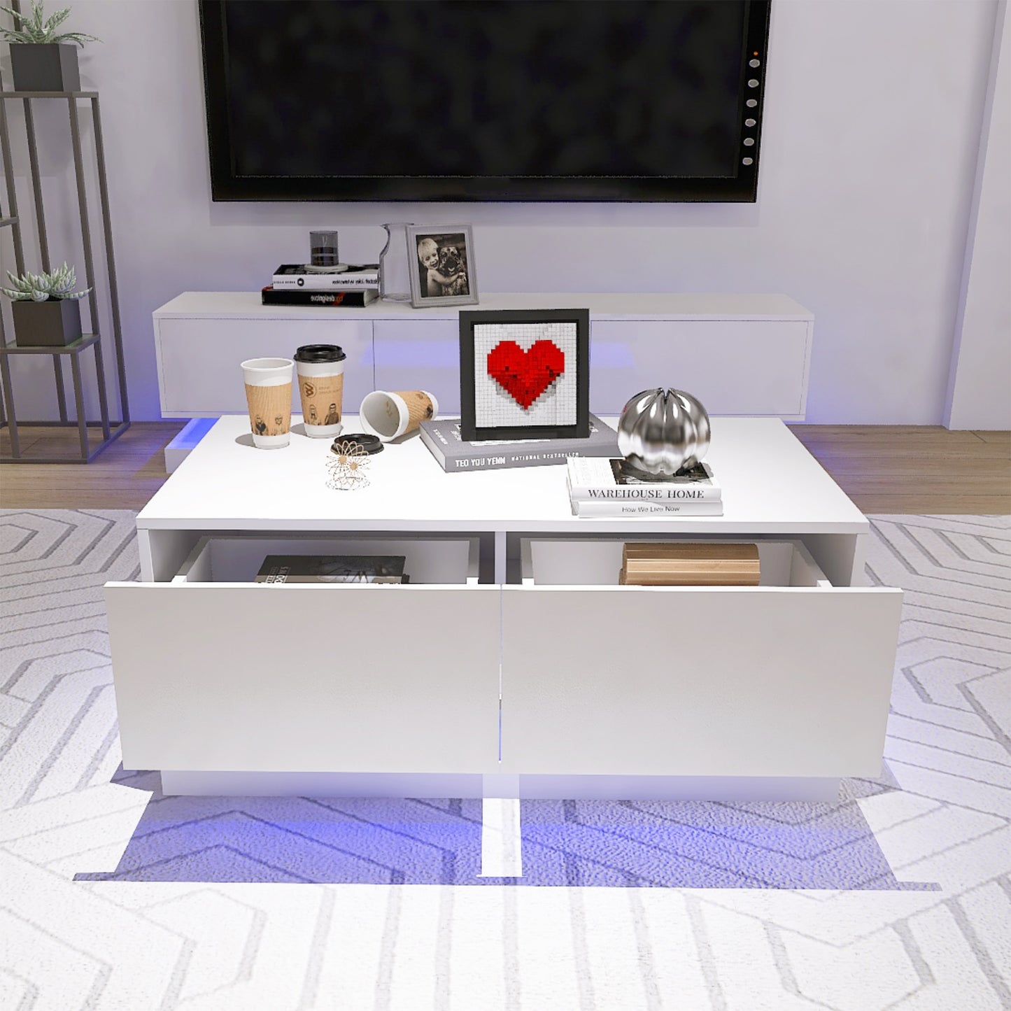 SYNGAR LED Coffee Table with 4 Storage Sliding Drawers and Open Shelves, Modern High Glossy Center Table Rectangular with Multiple Colors LED Lights for Living Room Bedroom, Easy Assembly, White
