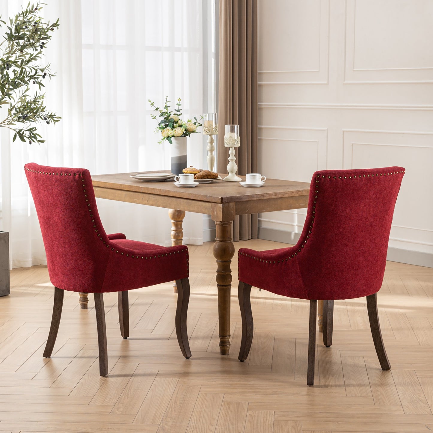 Syngar Indoor Dining Chairs Set of 2, Upholstered Armless Dining Room Chairs with High Backrest and Nailhead Design, Mid Century Side Dining Chairs with Wood Leg, Capacity of 300lbs, Burgundy