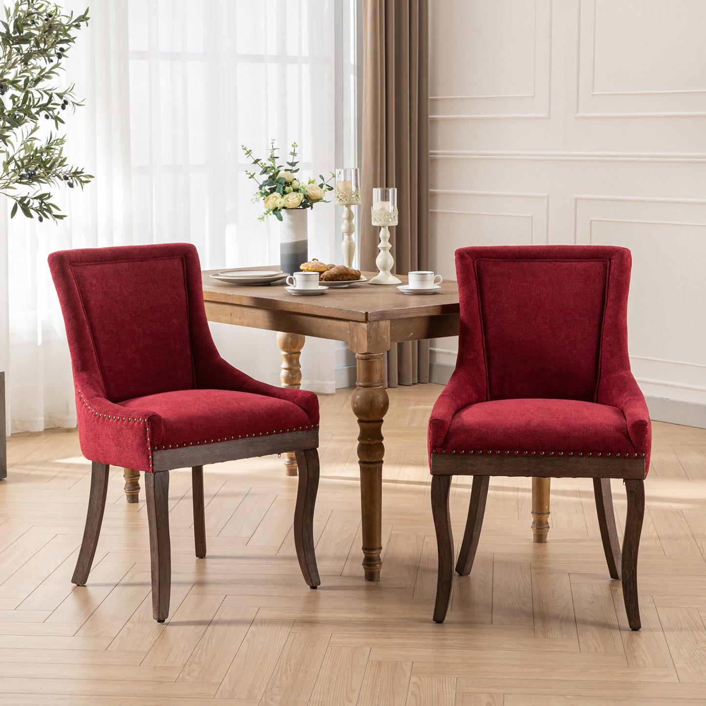 Syngar Indoor Dining Chairs Set of 2, Upholstered Armless Dining Room Chairs with High Backrest and Nailhead Design, Mid Century Side Dining Chairs with Wood Leg, Capacity of 300lbs, Burgundy