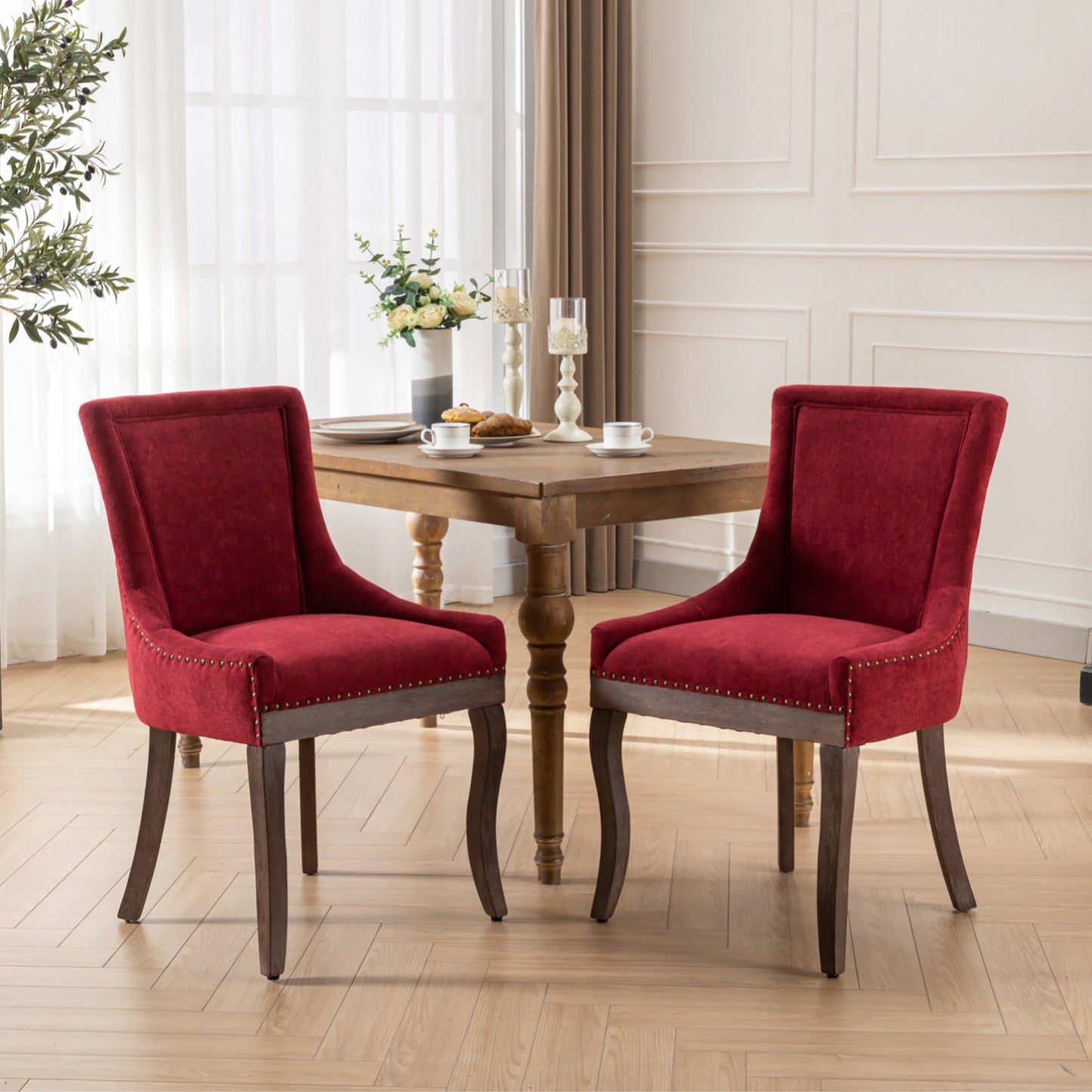 Syngar Indoor Dining Chairs Set of 2, Upholstered Armless Dining Room Chairs with High Backrest and Nailhead Design, Mid Century Side Dining Chairs with Wood Leg, Capacity of 300lbs, Burgundy