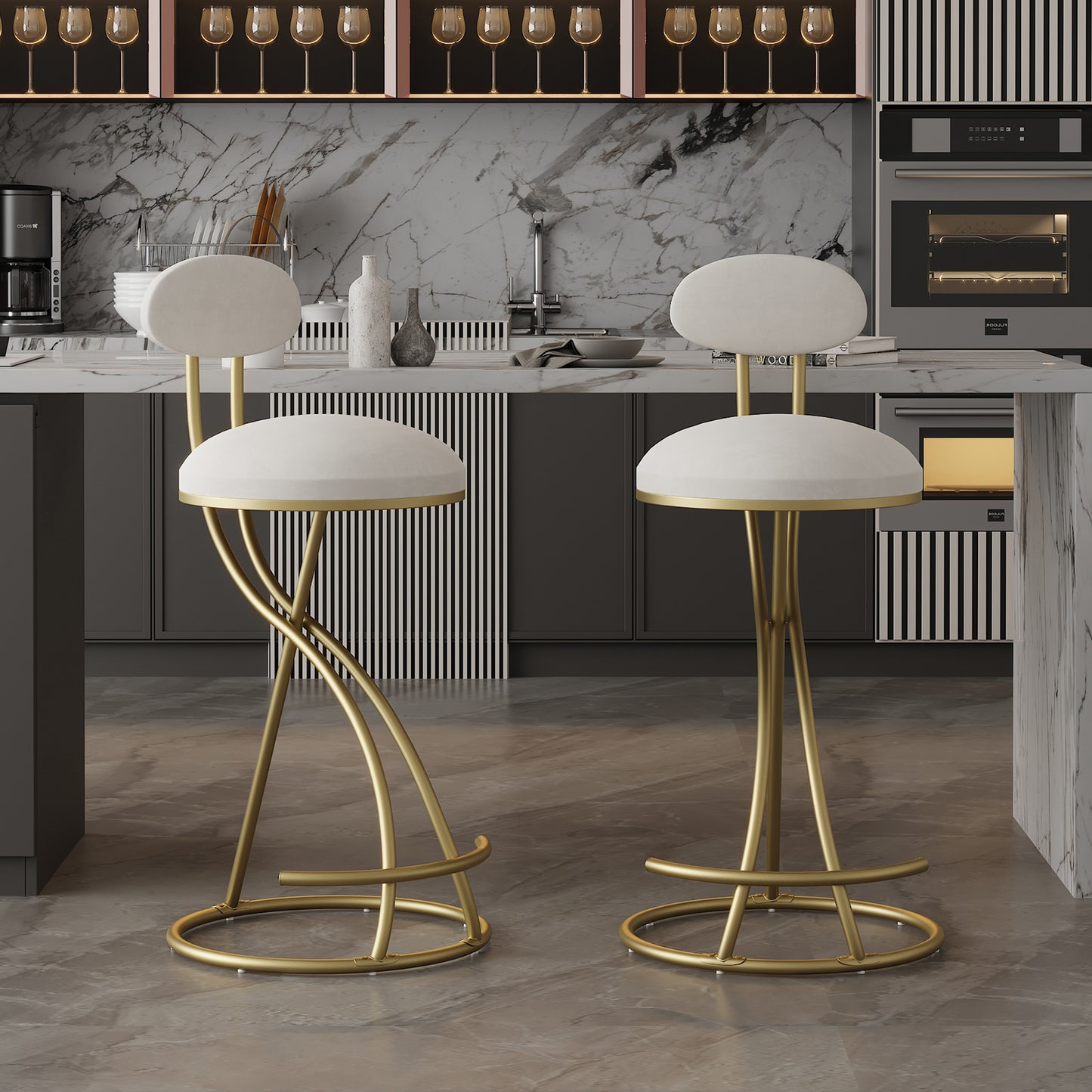 SYNGAR Modern Bar Stools Set of 2, Velvet S-shaped Swivel Bar Chair with Metal Legs, Counter Height Bar Stools, Bar Chairs for Kitchen with Armless, Contemporary Barstools Set, Black