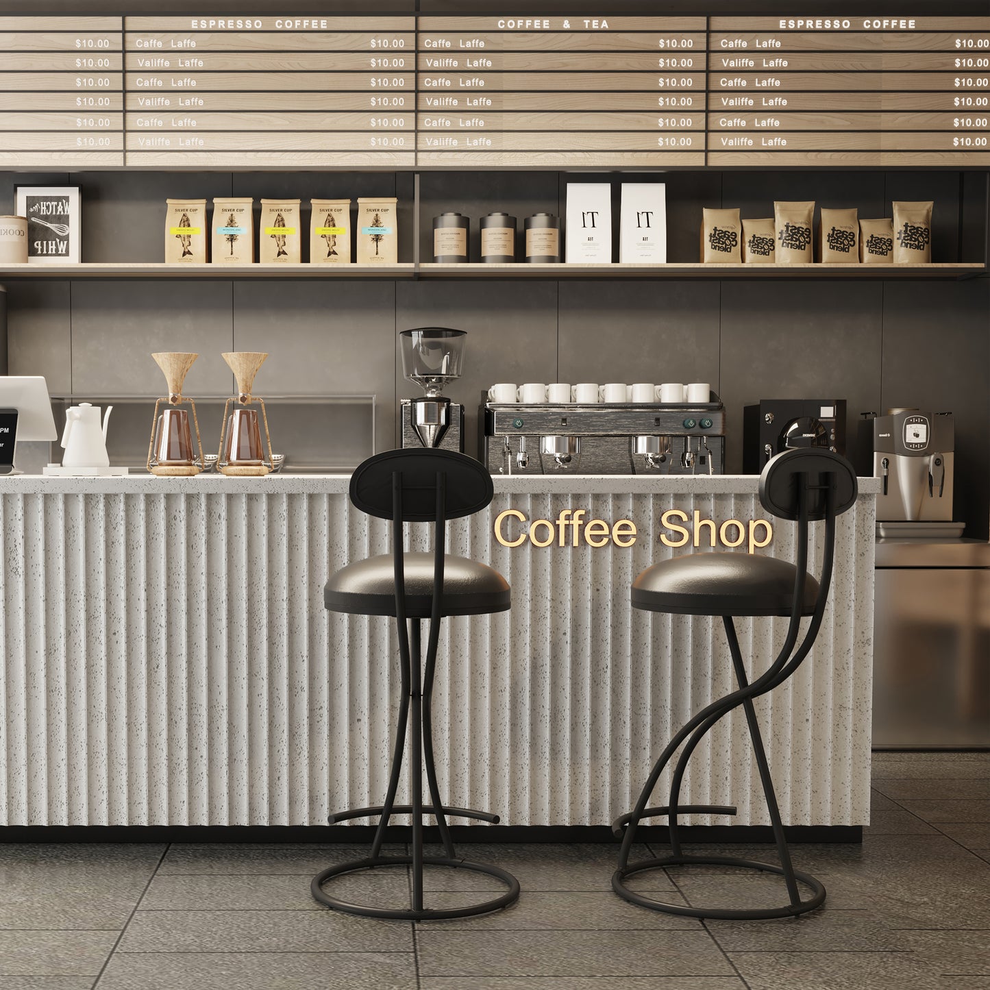 SYNGAR Modern Bar Stools Set of 2, Velvet S-shaped Swivel Bar Chair with Metal Legs, Counter Height Bar Stools, Bar Chairs for Kitchen with Armless, Contemporary Barstools Set, Black