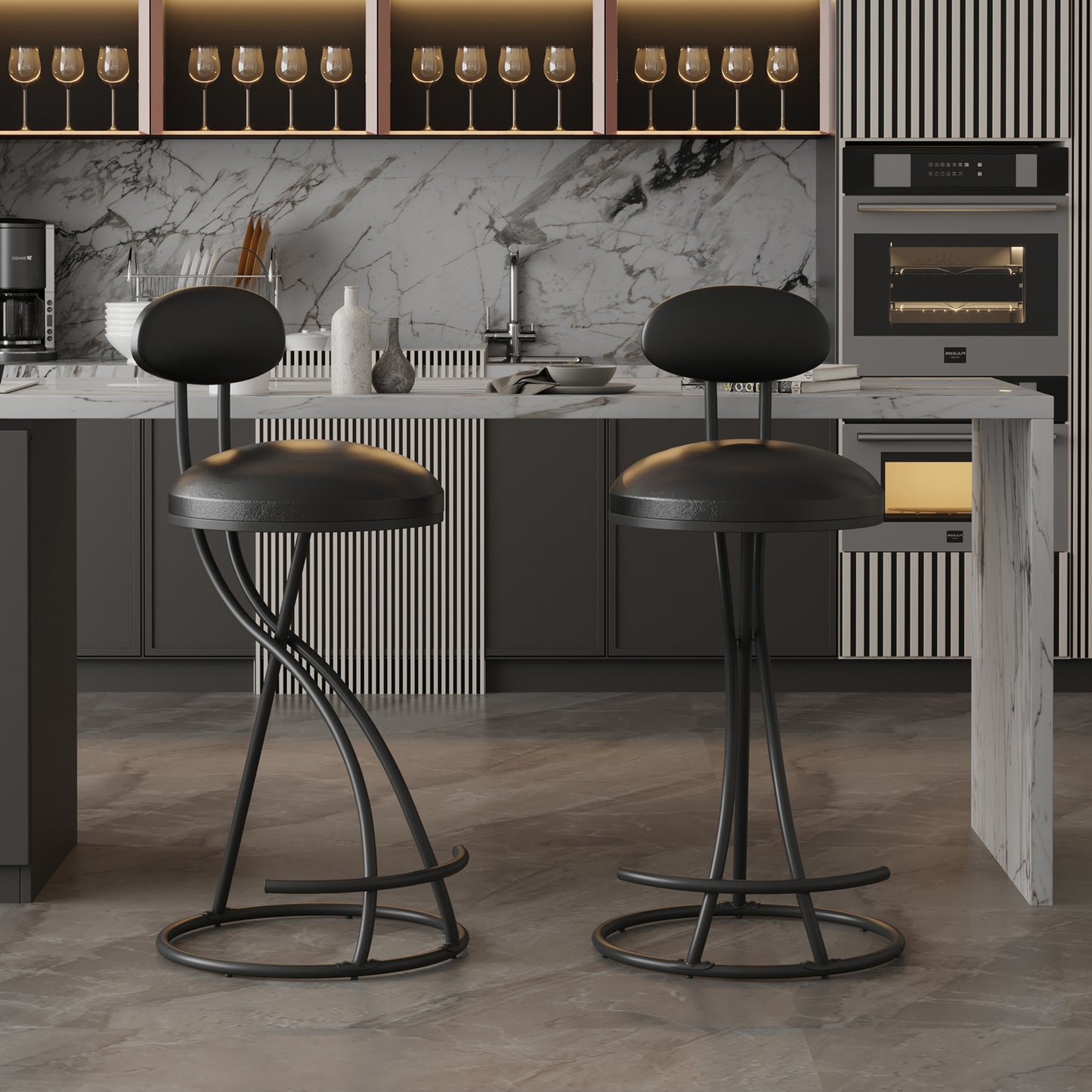 SYNGAR Modern Bar Stools Set of 2, Velvet S-shaped Swivel Bar Chair with Metal Legs, Counter Height Bar Stools, Bar Chairs for Kitchen with Armless, Contemporary Barstools Set, Black