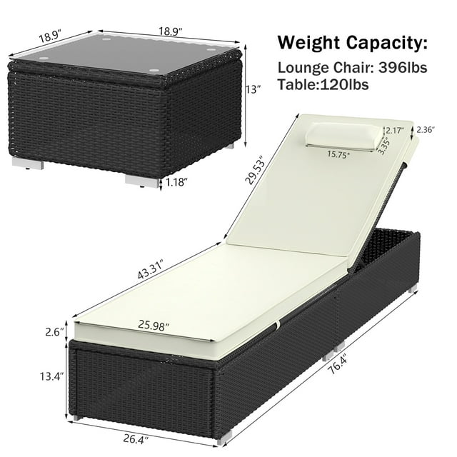 Set of 3 Rattan Chaise Lounge Chairs with Side Table, Outdoor Reclining Chairs Set W/Adjustable Backrest and Removable Cushions, Chaise Lounge Furniture Set for Poolside Beach Garden Patio, B22