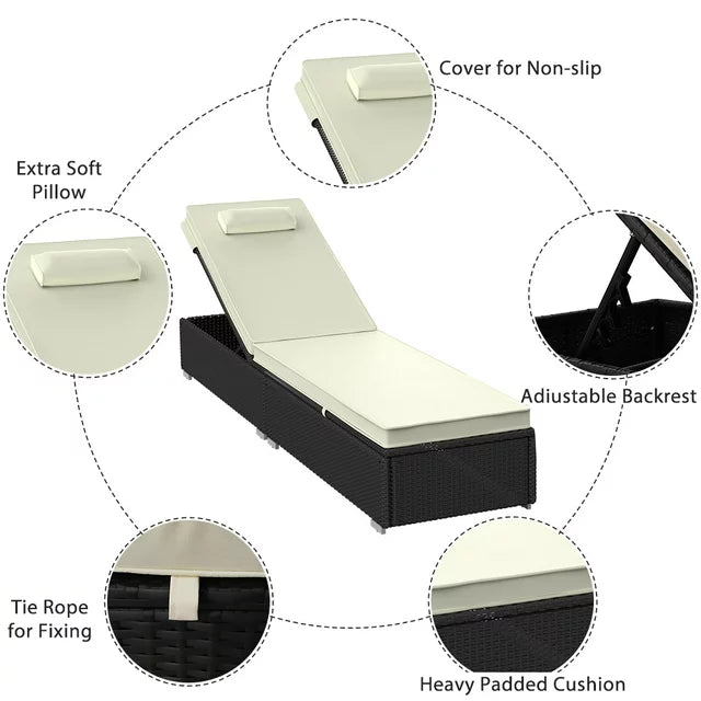 Set of 3 Rattan Chaise Lounge Chairs with Side Table, Outdoor Reclining Chairs Set W/Adjustable Backrest and Removable Cushions, Chaise Lounge Furniture Set for Poolside Beach Garden Patio, B22