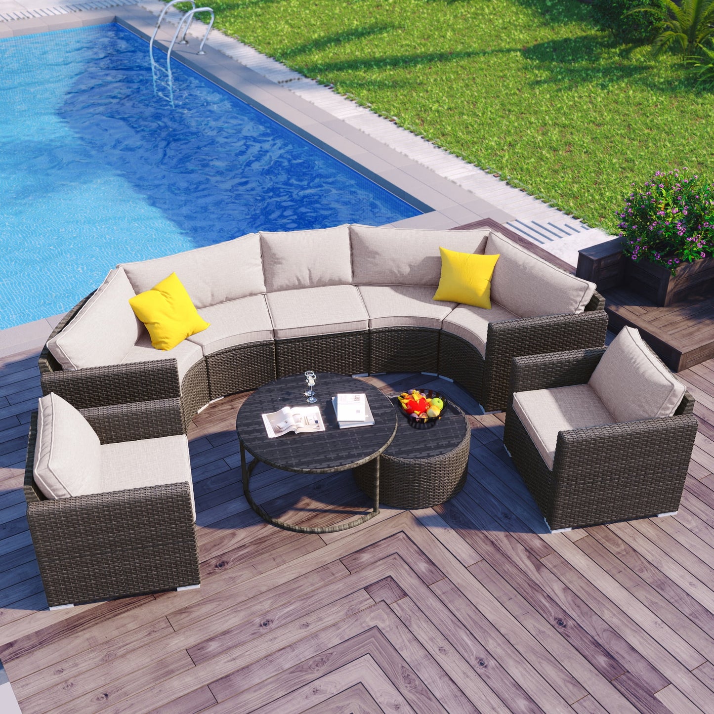 9 Piece Patio Furniture Set, Half-Moon Sectional Furniture Sofa Set with 2 Free Overlapping Tables, PE Rattan Round Sofa Set, Outdoor Conversation Set for Patio Pool Yard Garden