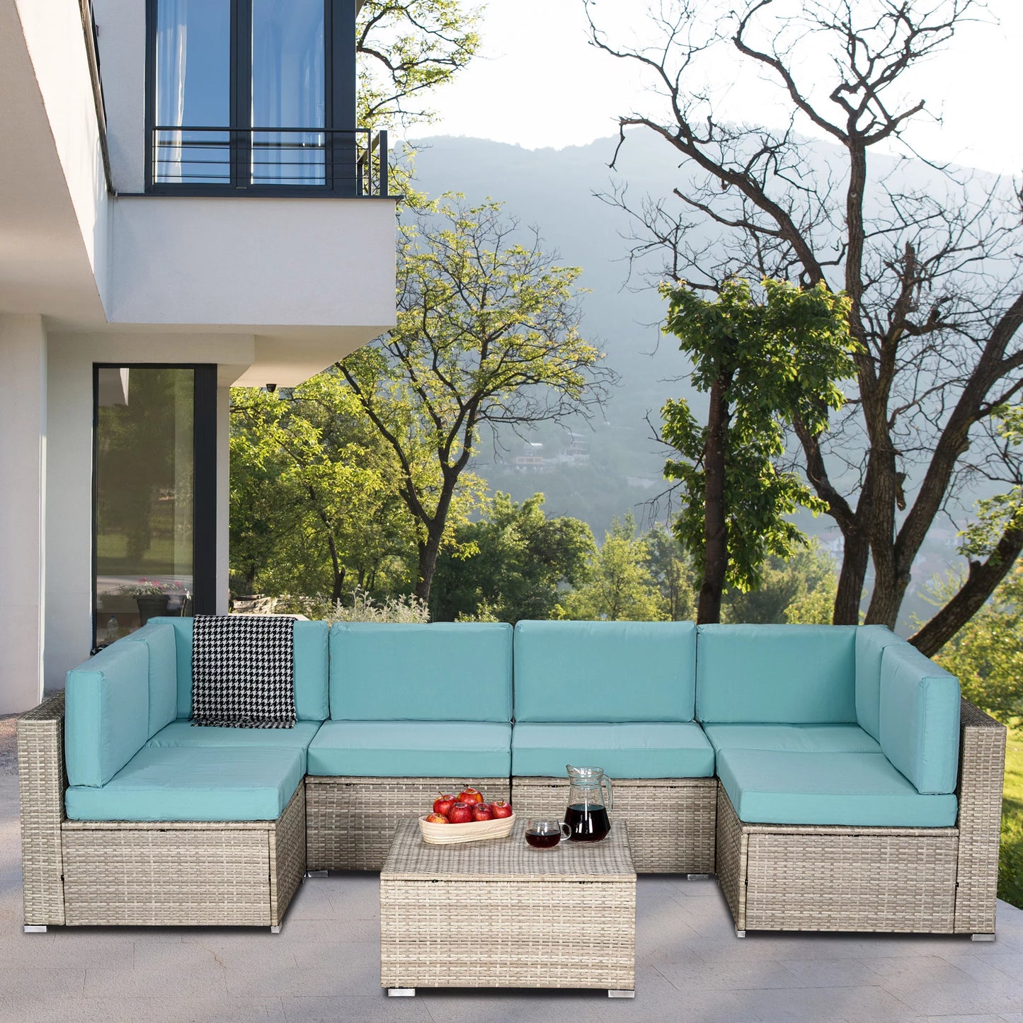 Patio Conversation Set, 7 Piece PE Wicker Furniture Chair Set with Table, Ottoman & Cushions, All-Weather Outdoor Cushioned Sectional Sofa Chairs, Rattan Sofa Set for Patio Deck Backyard, B724