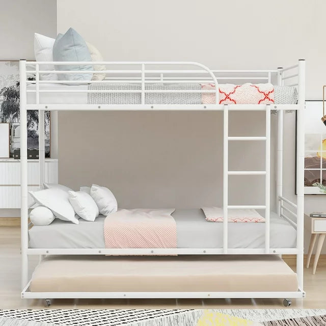 SYNGAR Twin Over Twin Bunk Bed with Trundle, Metal Twin Bed with Safety Guard Rail & Ladders, Space-Saving Design Sleeping Bedroom Bunk Bed for Boys, Girls, Kids, Young Teens & Adults, Easy Assembly