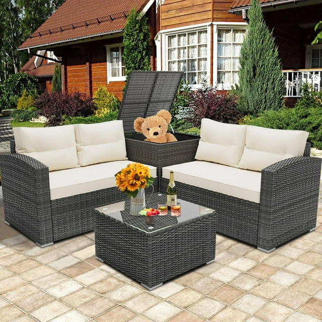 SYNGAR 4 Pieces Patio Furniture Sectional Set, Outdoor All-Weather Manual Weaving Wicker Conversation Set with Cushion & Table, Rattan Sectional Sofa Set, Yard Porch Deck Use Furniture Set, B630