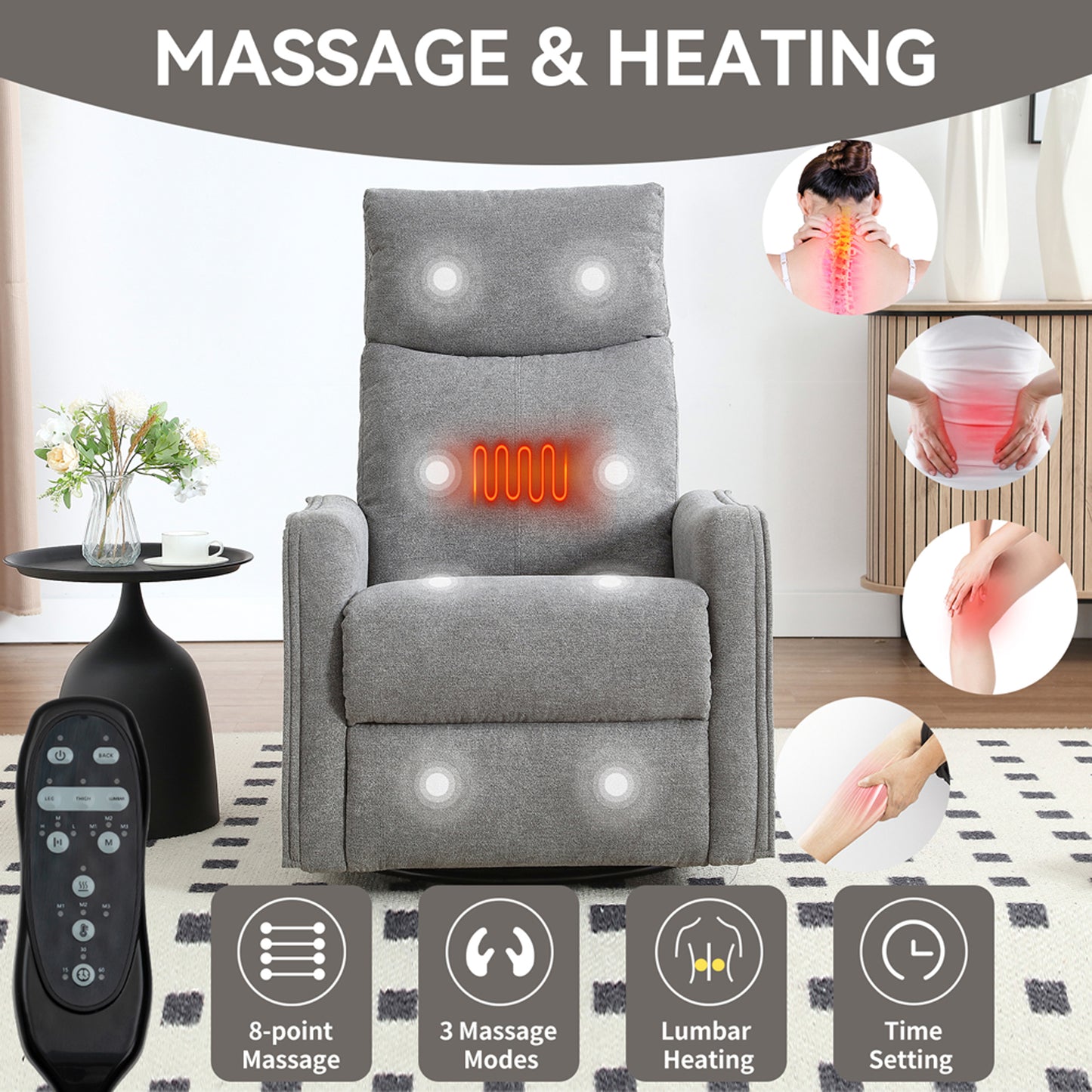 SYNGAR Swivel Rocker Recliner Chair for Living Room, Manual Reclining Chair with Heat and Massage Function, Fabric Single Rocking Sofa with Side Pocket for Home Theater, Gray