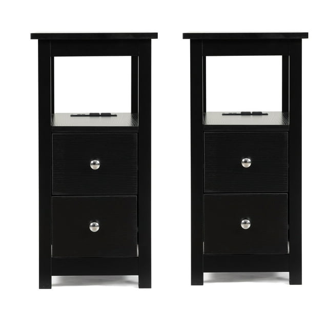 SYNGAR Side Table Set of 2 with Charging Station, End Table with USB Port and 2 Drawers for Bedroom Living Room, Black, LJ407