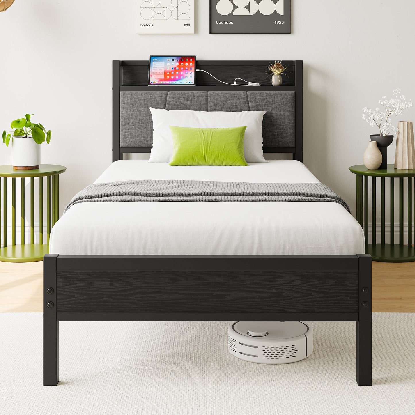 SYNGAR Platform Bed Frame Full Size with Storage Headboard, 2 Charging Outlets and USB Ports, Industrial Metal Full Bed Frame with Strong Slat Support, No Box Spring Needed, Rustic Brown