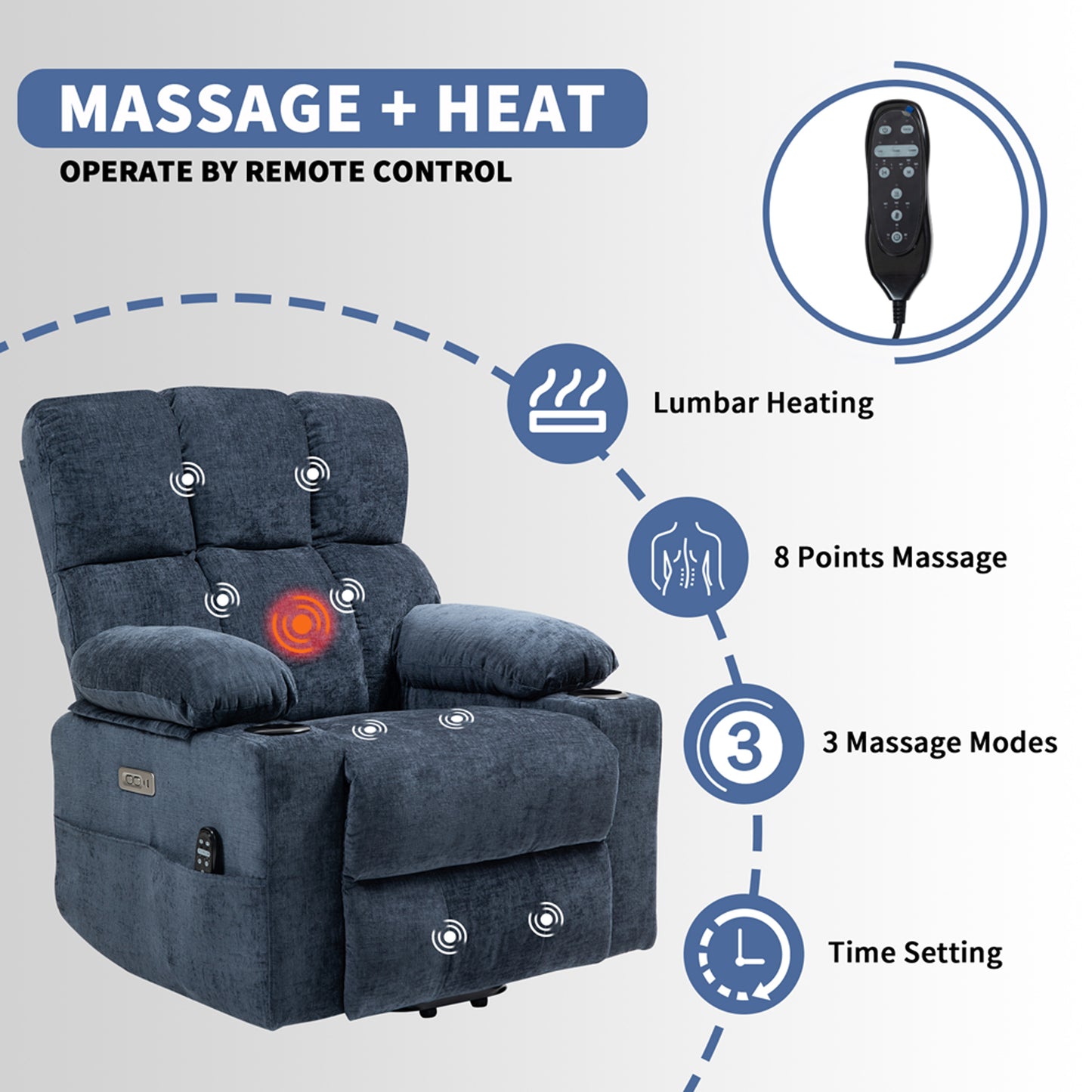 HSUNNS Power Lift Recliner Chairs for Adults, Living Room Reclining Chair with Massage and Heat Function, Upholstered Single Sofa with USB Port and Cup Holders, Blue