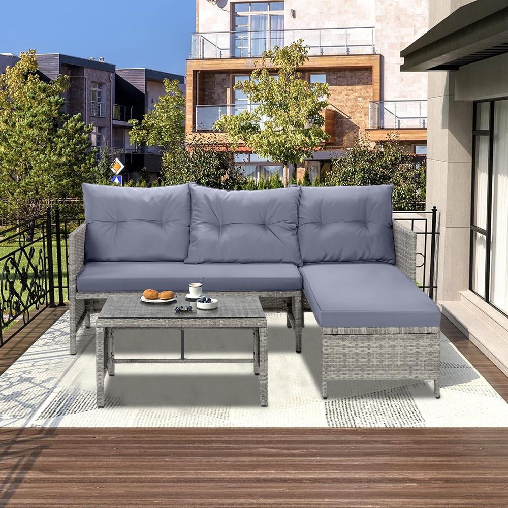 SYNGAR 4 Pieces Patio Furniture Sectional Set, Outdoor All-Weather Manual Weaving Wicker Conversation Set with Cushion & Table, Rattan Sectional Sofa Set, Yard Porch Deck Use Furniture Set, B630