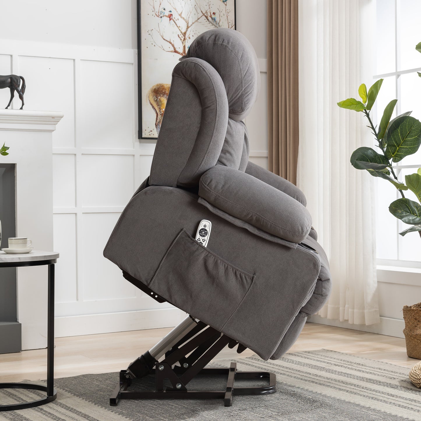SYNGAR Power Lift Recliner Chair for Living Room, Electric Recliner Chair with Heat and Massage Function, USB Charge Port and Cup Holders, Oversized Velvet Reclining Sofa for Home Theater, Gray