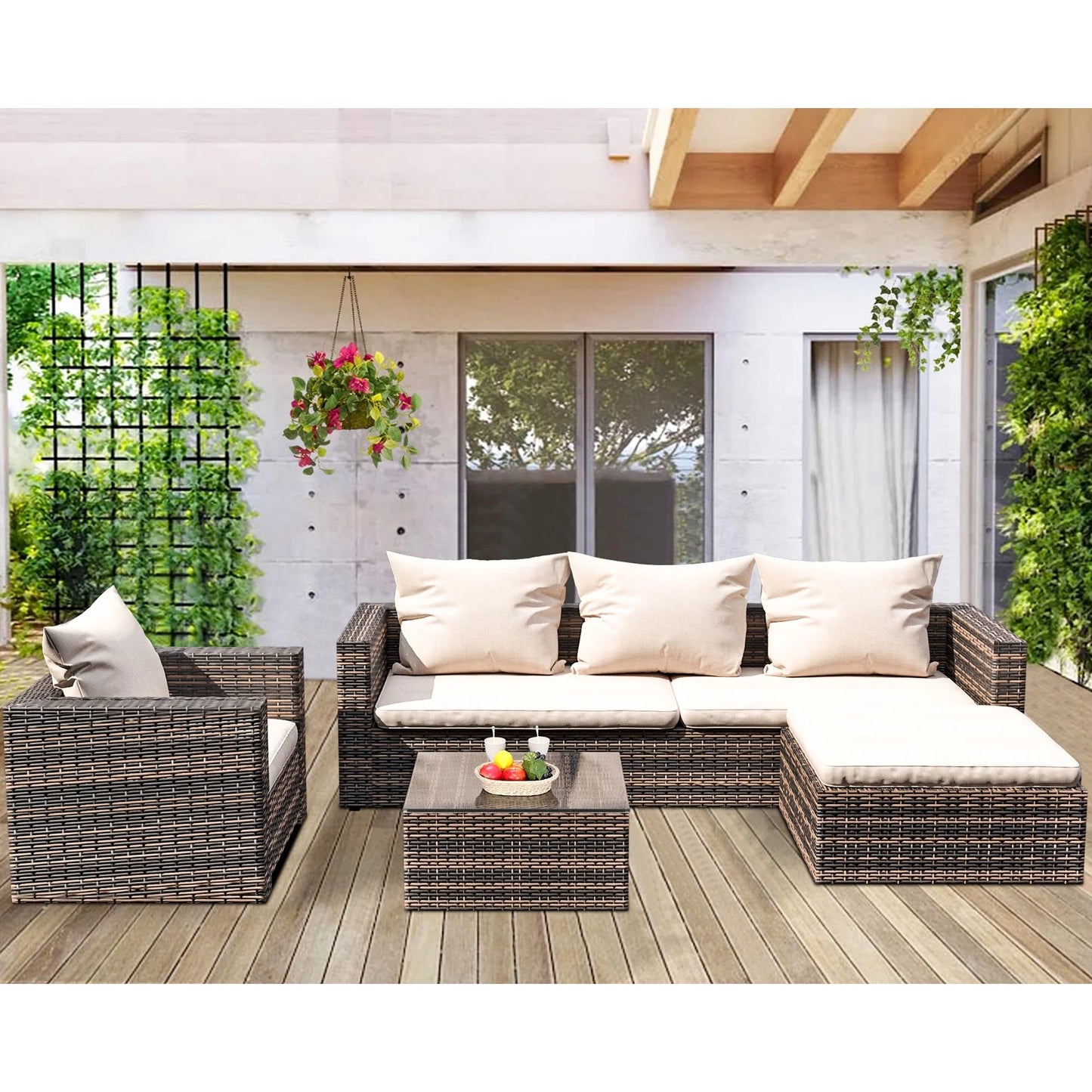 Rattan Patio Sofa Set, 4 Piece Outdoor Sectional Furniture Set, All-Weather PE Rattan Wicker Patio Conversation Set, Cushioned Sofa Set with Glass Table for Garden Pool Deck Porch, K2829