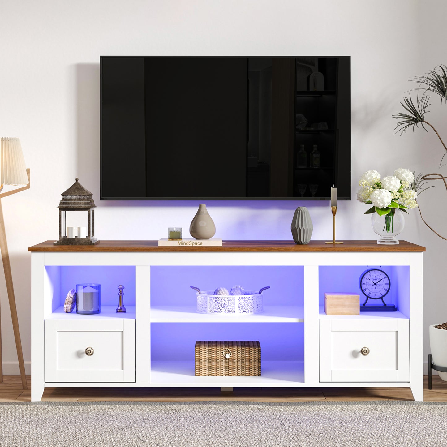 SYNGAR TV Stands for 60" TVs, Farmhouse TV Console with Remote Control LED Light, Wood TV Cabinet with Drawers and Adjustable Shelves, Entertainment Center, Vintage Handle, Anti-Skid Pad, White